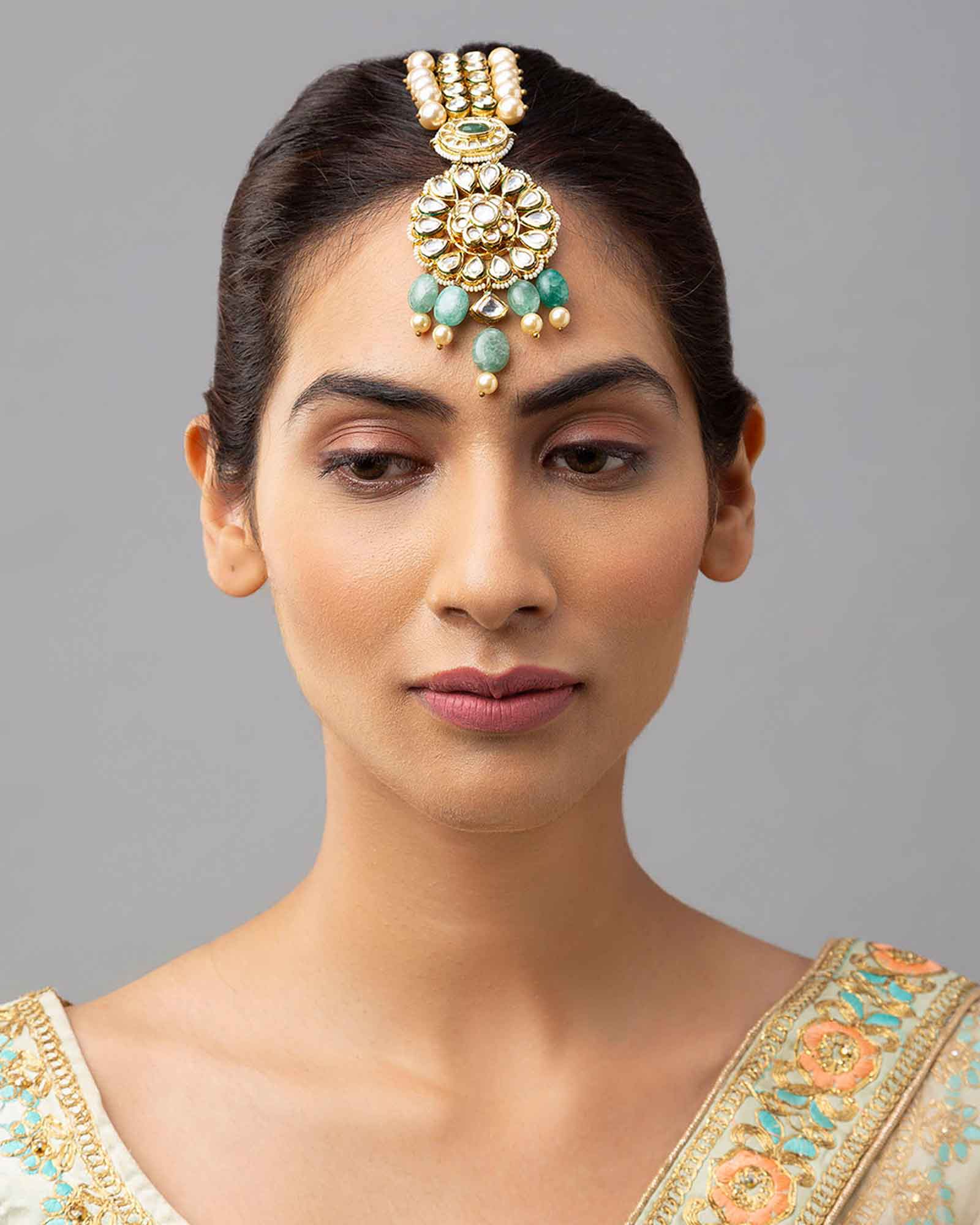 Maang Tikka Golden Hydro Kundan Polki with Green Jade and White Shell Pearls 