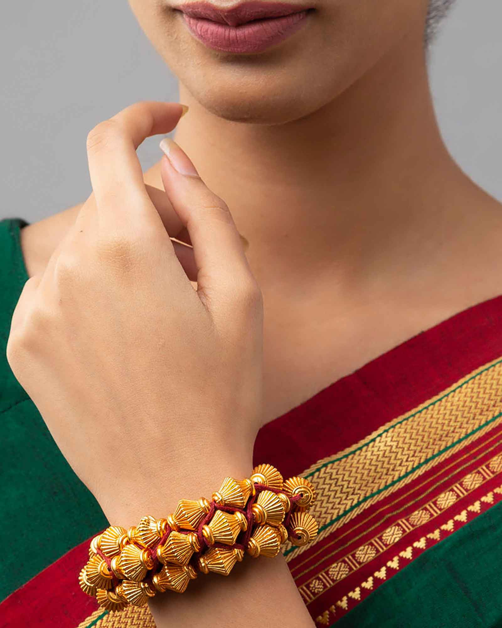 Red Silk Thread Bracelet with Shimmering Gold Plated Beads 