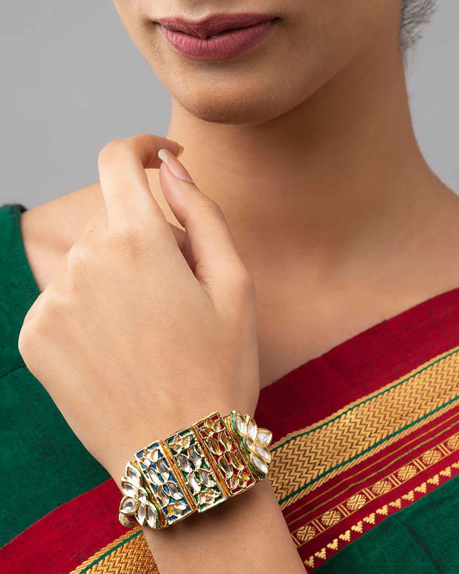 Elegant Meenakari Gold Bracelet in Hydro Kundan Polki Work with Silk Thread