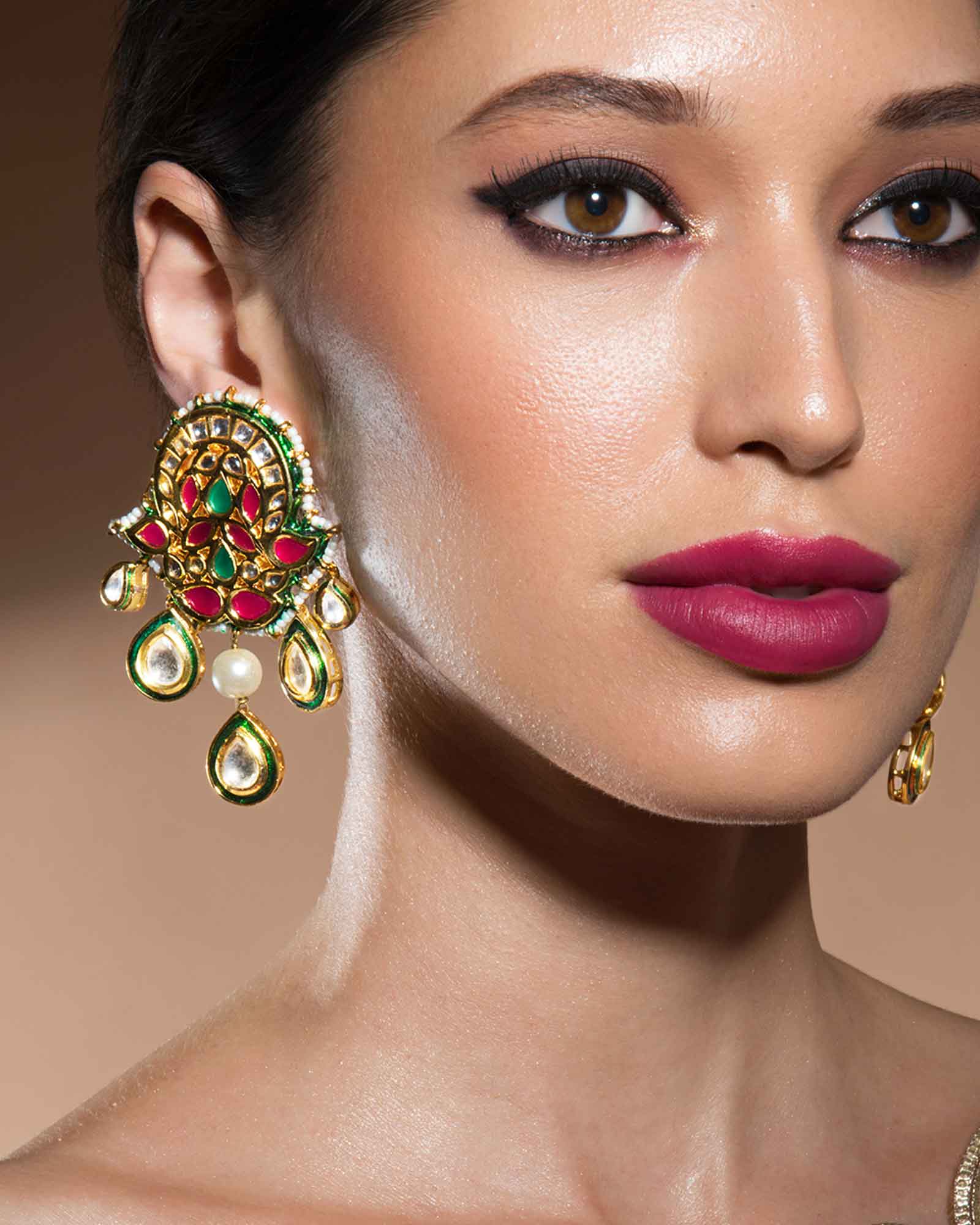 Bold Kundan Gold Enamelled Shell Pearl Earrings