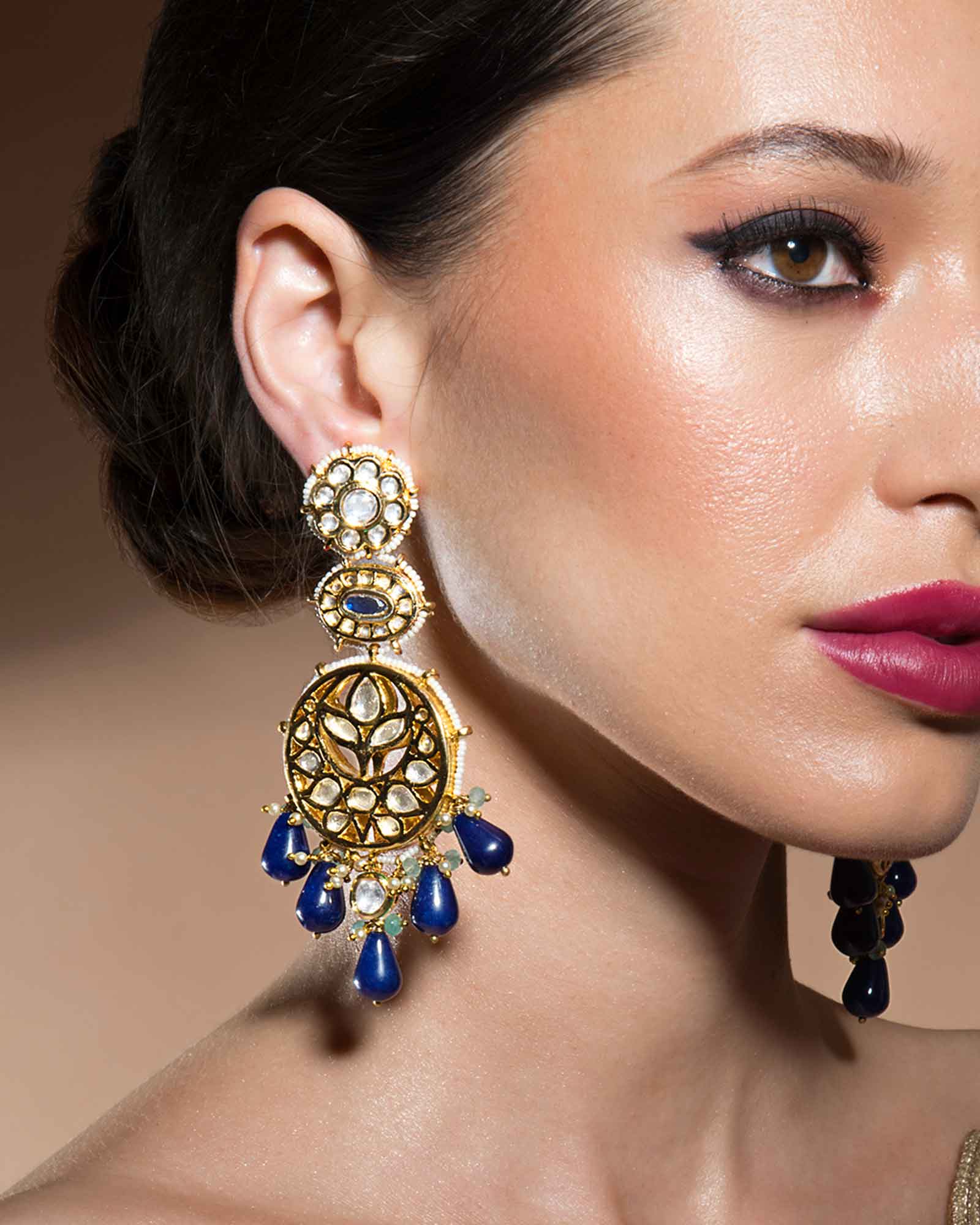 Detailed Kundan Polki Earrings With Dazzling Blue Onyx Drops