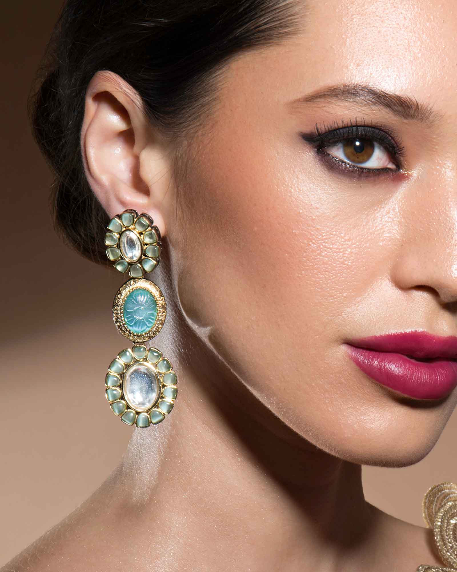 Gorgeous Kundan Polki Earrings Embedded With Hand-Carved Green Onyx