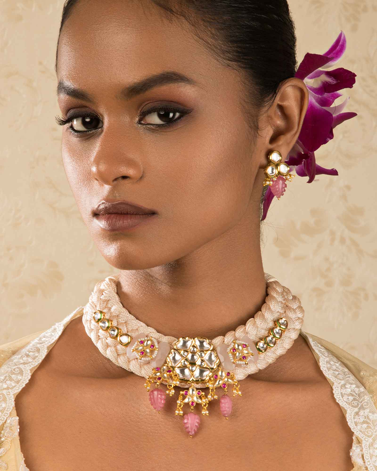 Candy Cadence Pink Kundan, Jade Drops, Quartz, Shell Pearls Necklace And Earrings Set