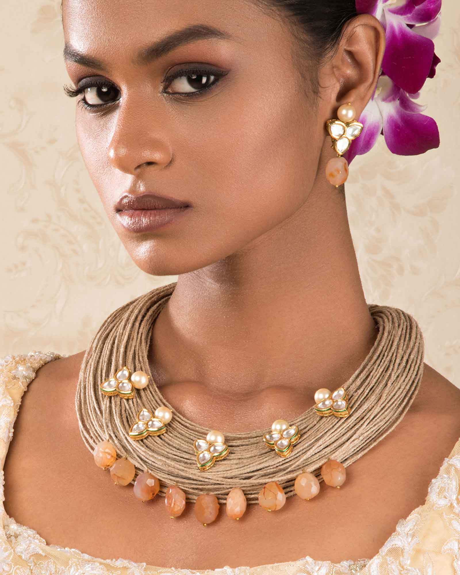 Captivating Carnelian Orange Jute, Pearls,  Kundan Necklace And Earrings Set