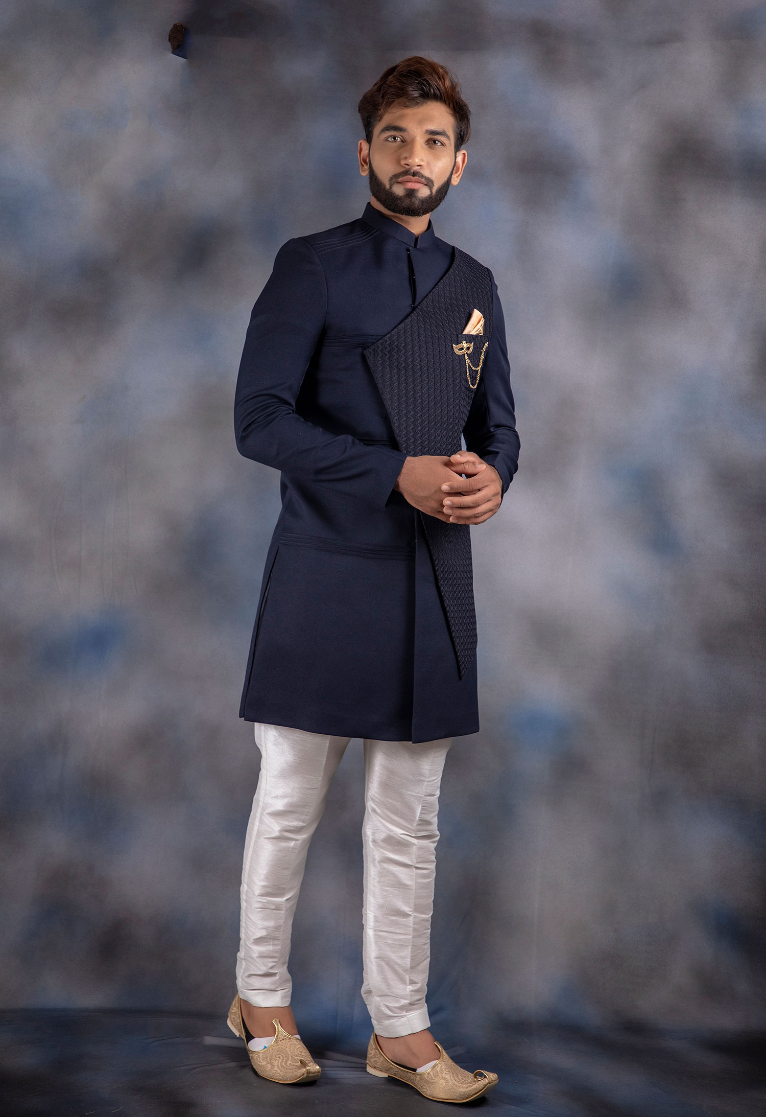 Dark Blue Plain Patterned Terry Reyon Indo Western – LRL021