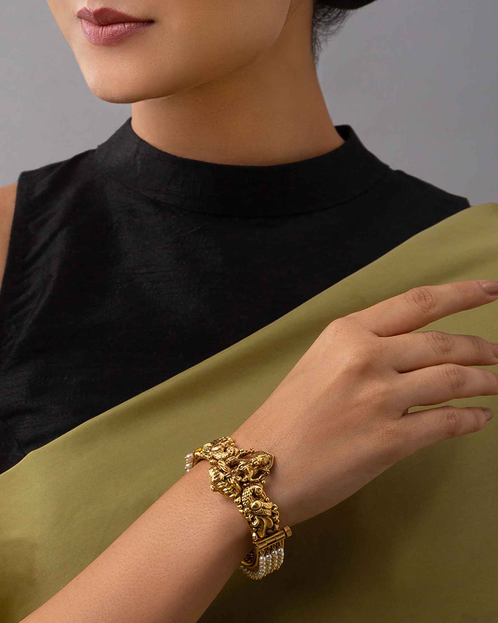 Beautifully Hand-Carved, Gold Temple Bangles With Shell Pearls