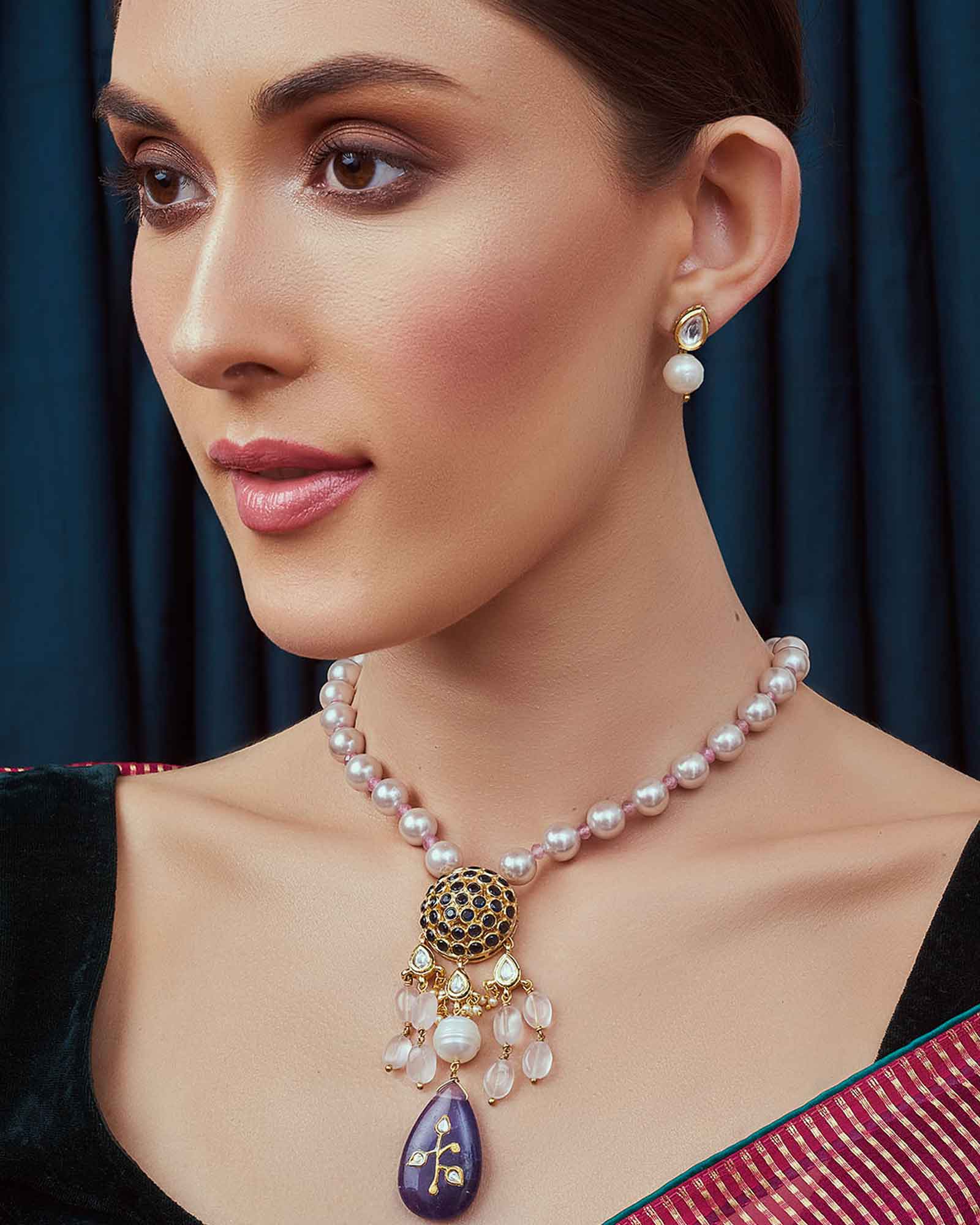 Pink White Blue Gold Tone Necklace Set