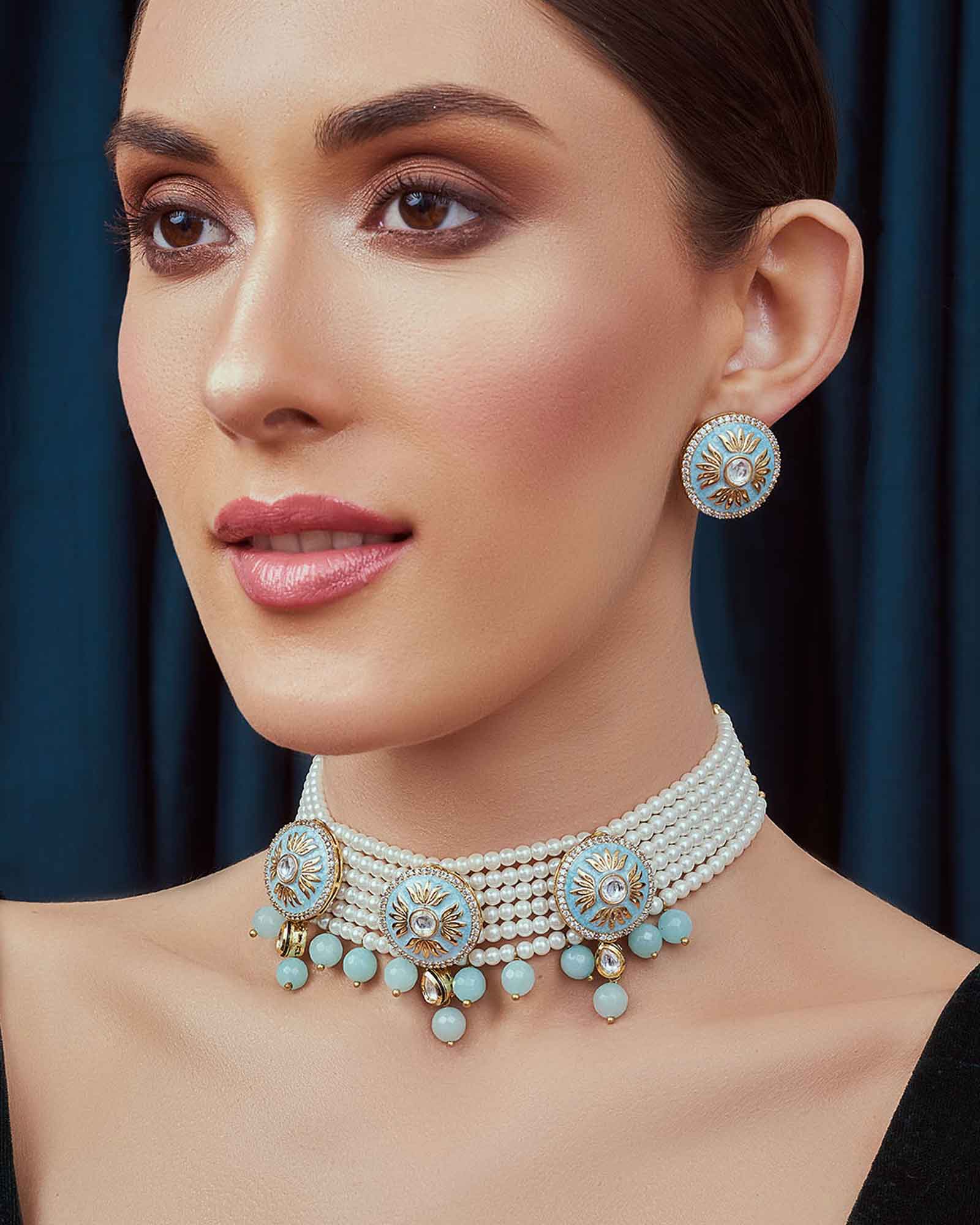 Blue White Gold Tone Meenakari Pearl Necklace Set