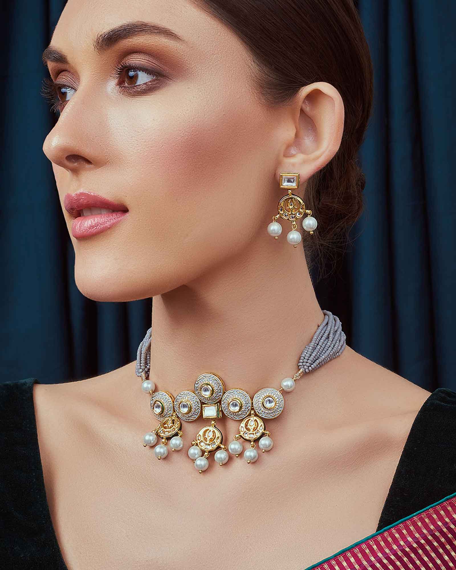 Grey Gold Tone Meenkari Kundan Necklace Set