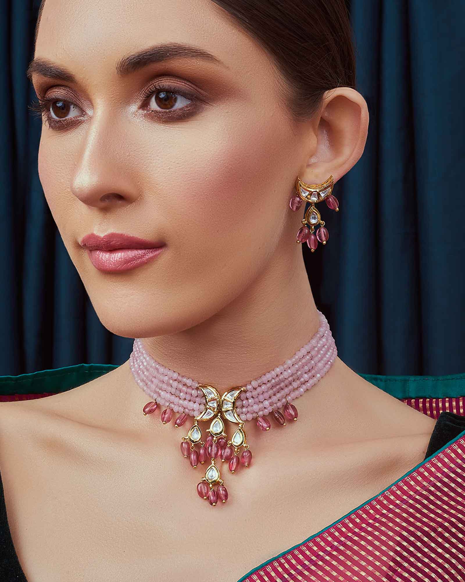 Pink Gold Tone Beaded Kundan Necklace Set