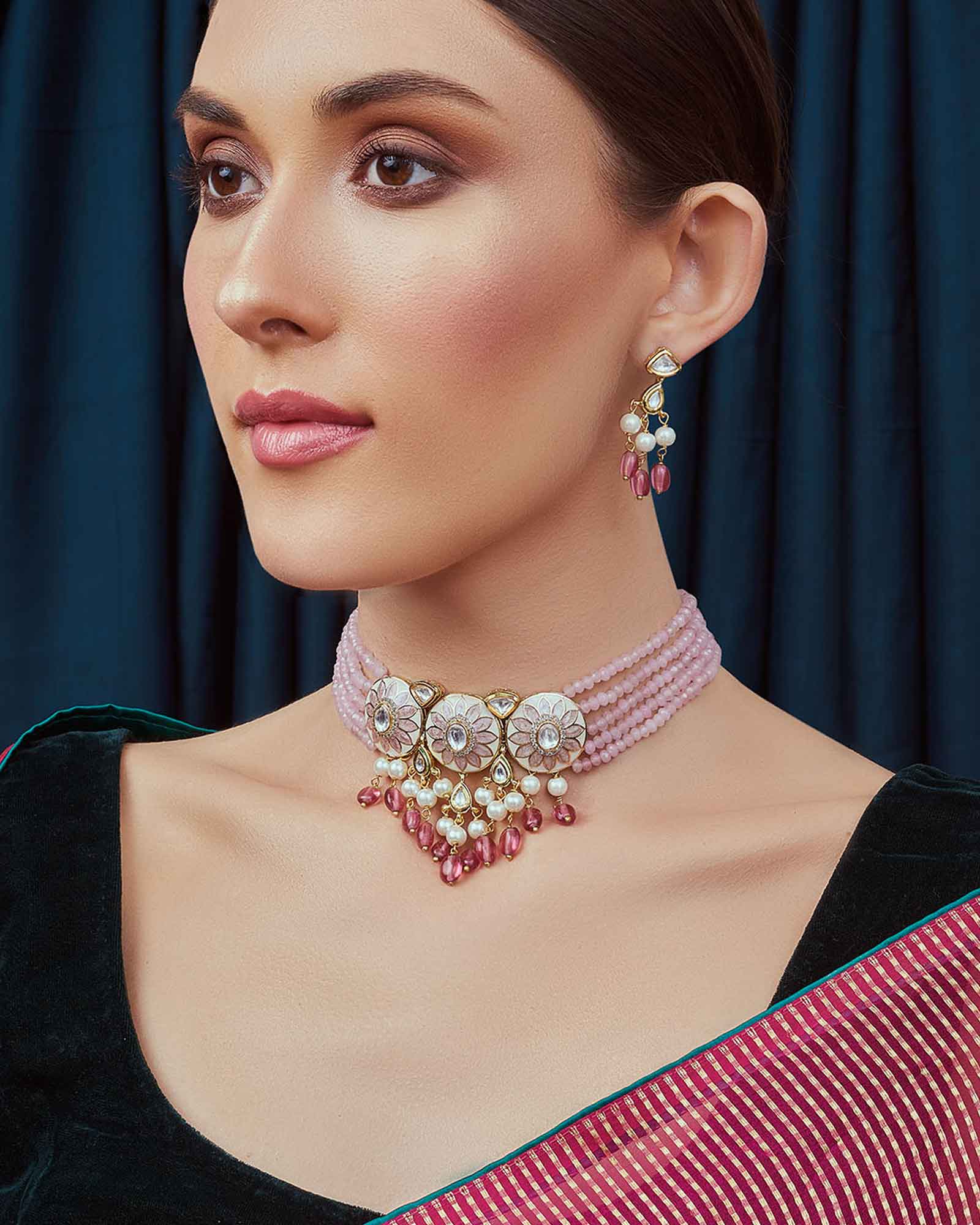 Pink White Gold Tone Meenkari Necklace Set 