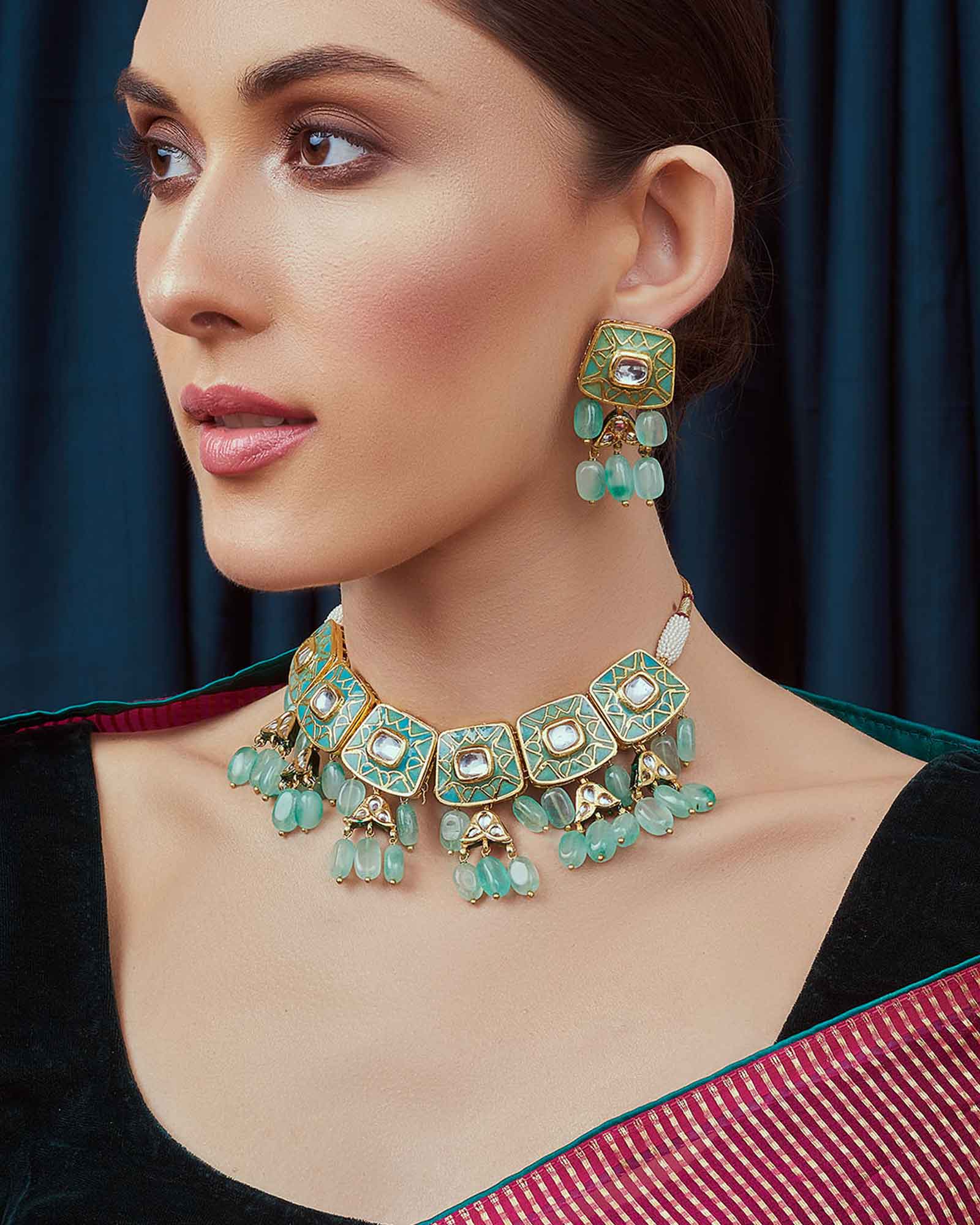 Green Gold Meenakari Kundan Necklace Set 