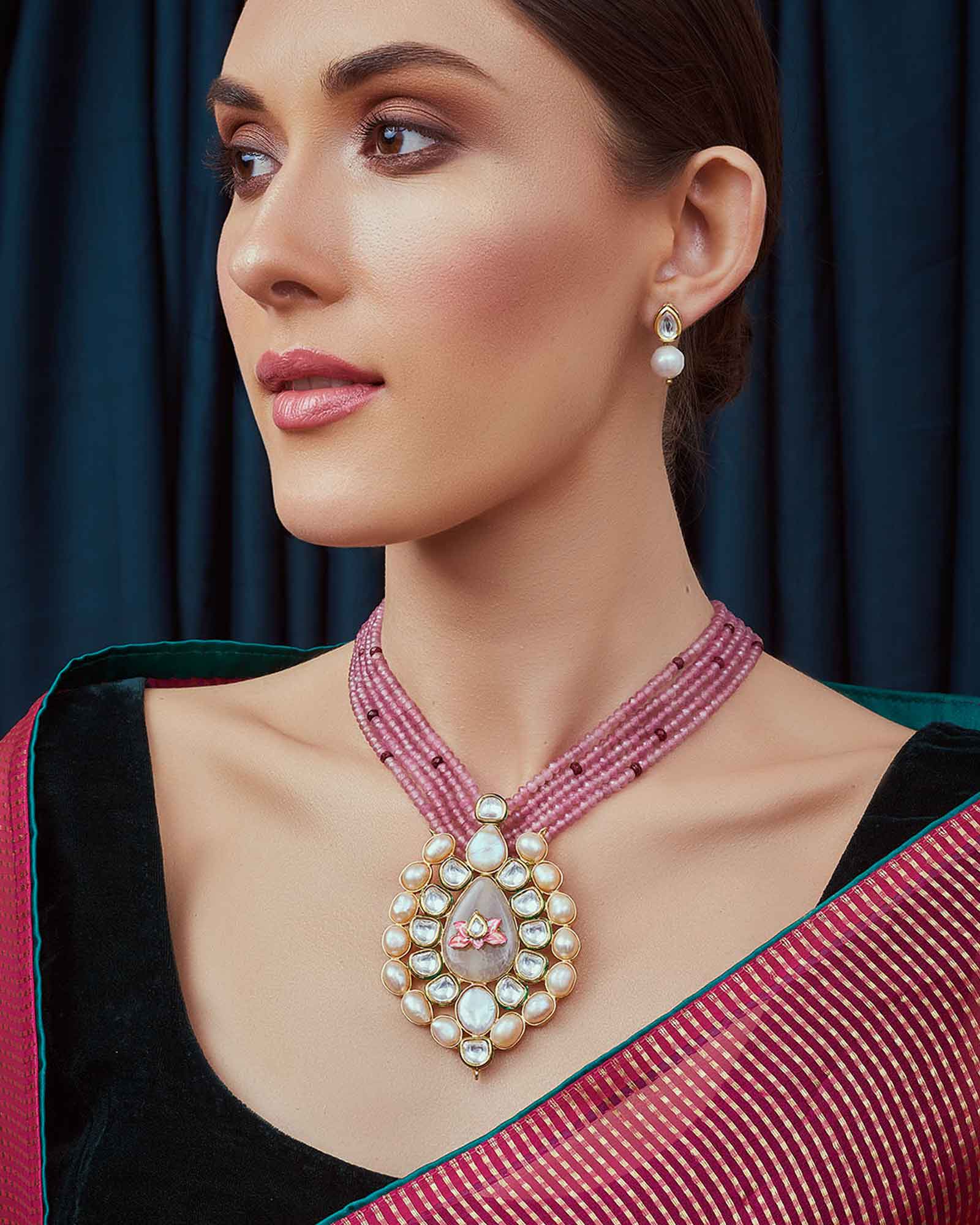 Red Gold Tone Meenkari Beaded Necklace Set