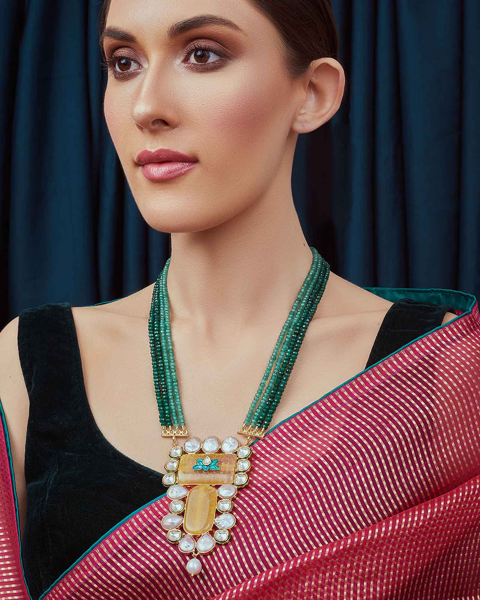 Orange Green White Kundan Polki Necklace  