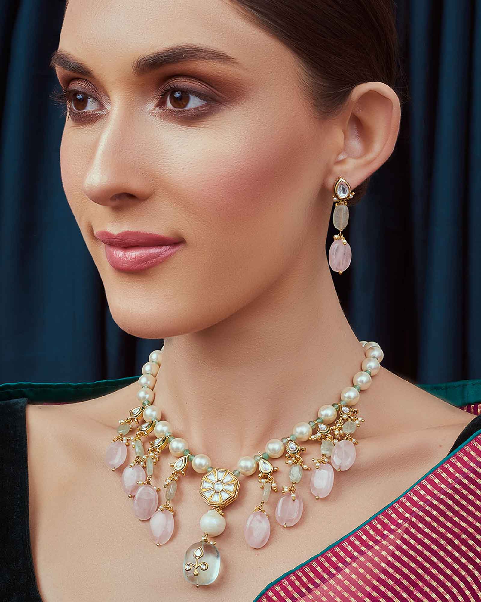 Pink Blue and White Kundan Necklace Set