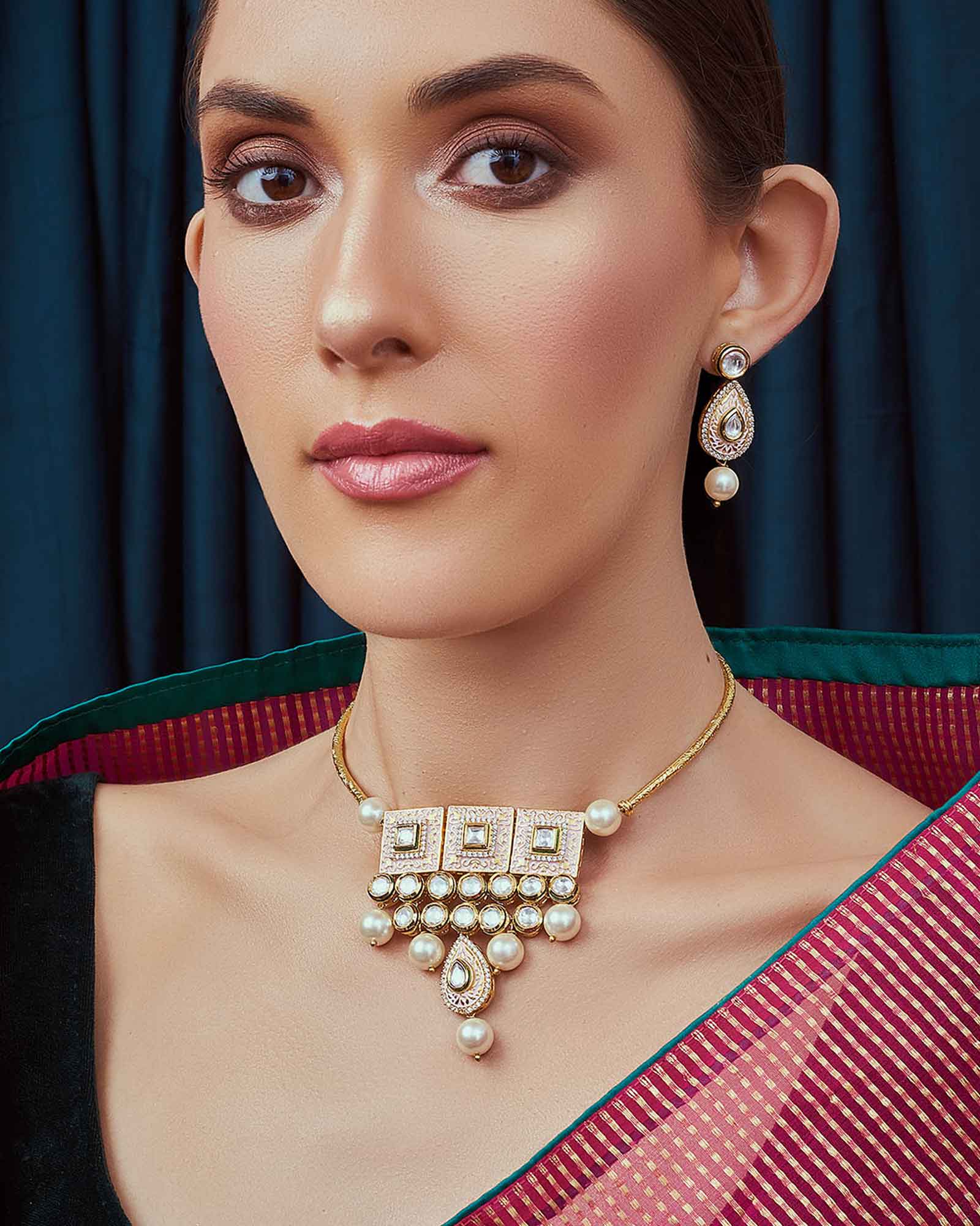 Pink White Gold Tone Meenakari Necklace Set