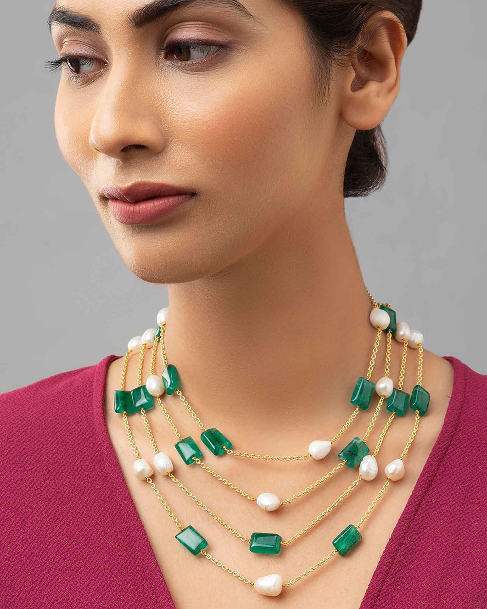 Multi-Colored Multi-Layered Necklace Sporting Gold Plated Chain And Pearls