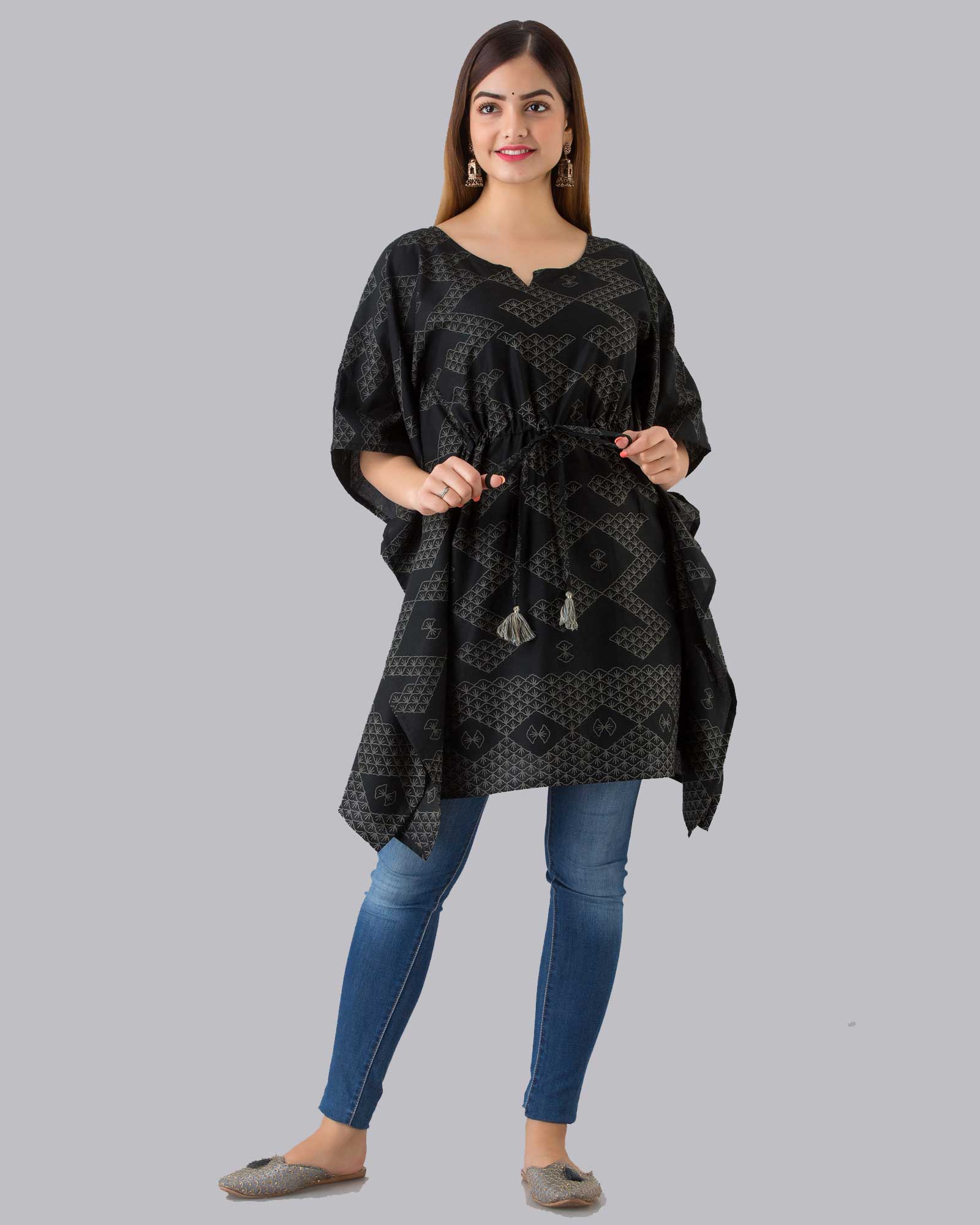 Black Cotton Printed Kaftan Top