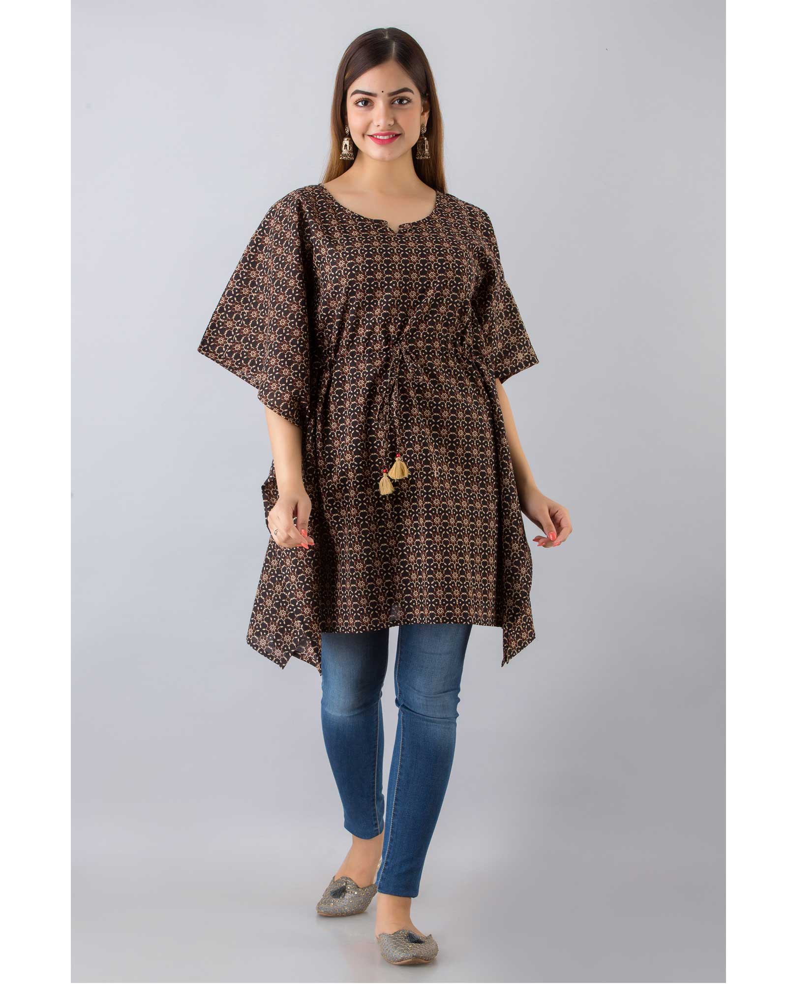 Coffee Color Cotton Printed Kaftan Top