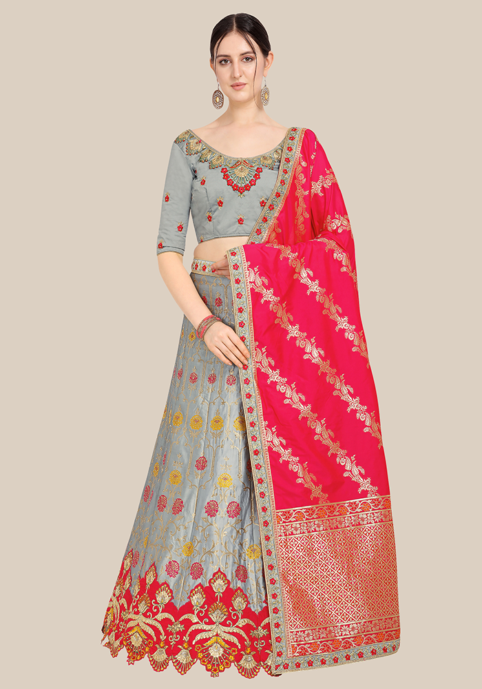 Grey Embellished Semi Stitched Lehenga and Choli with Dupatta