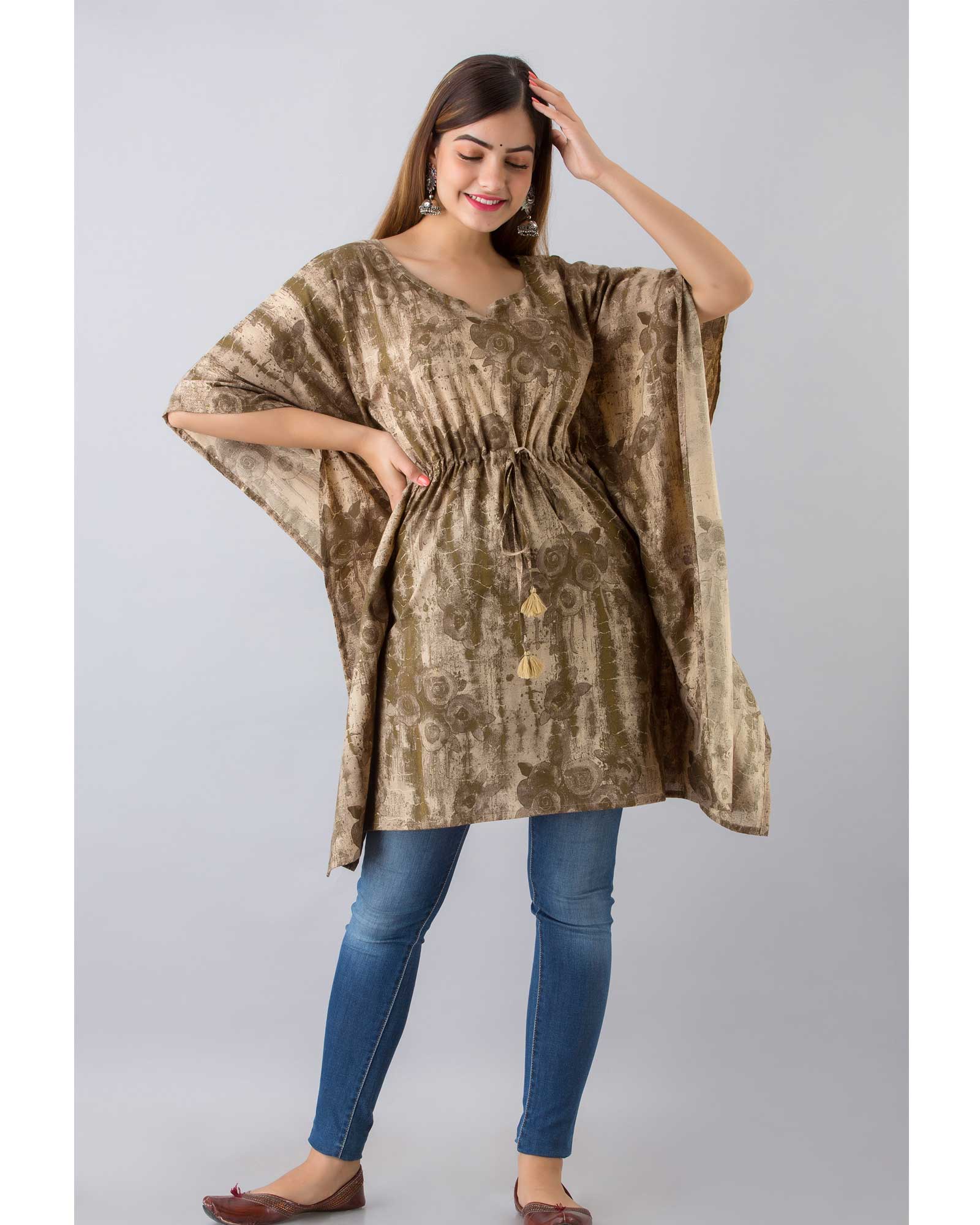 Floral Printed Dark Green Cotton Kaftan Top