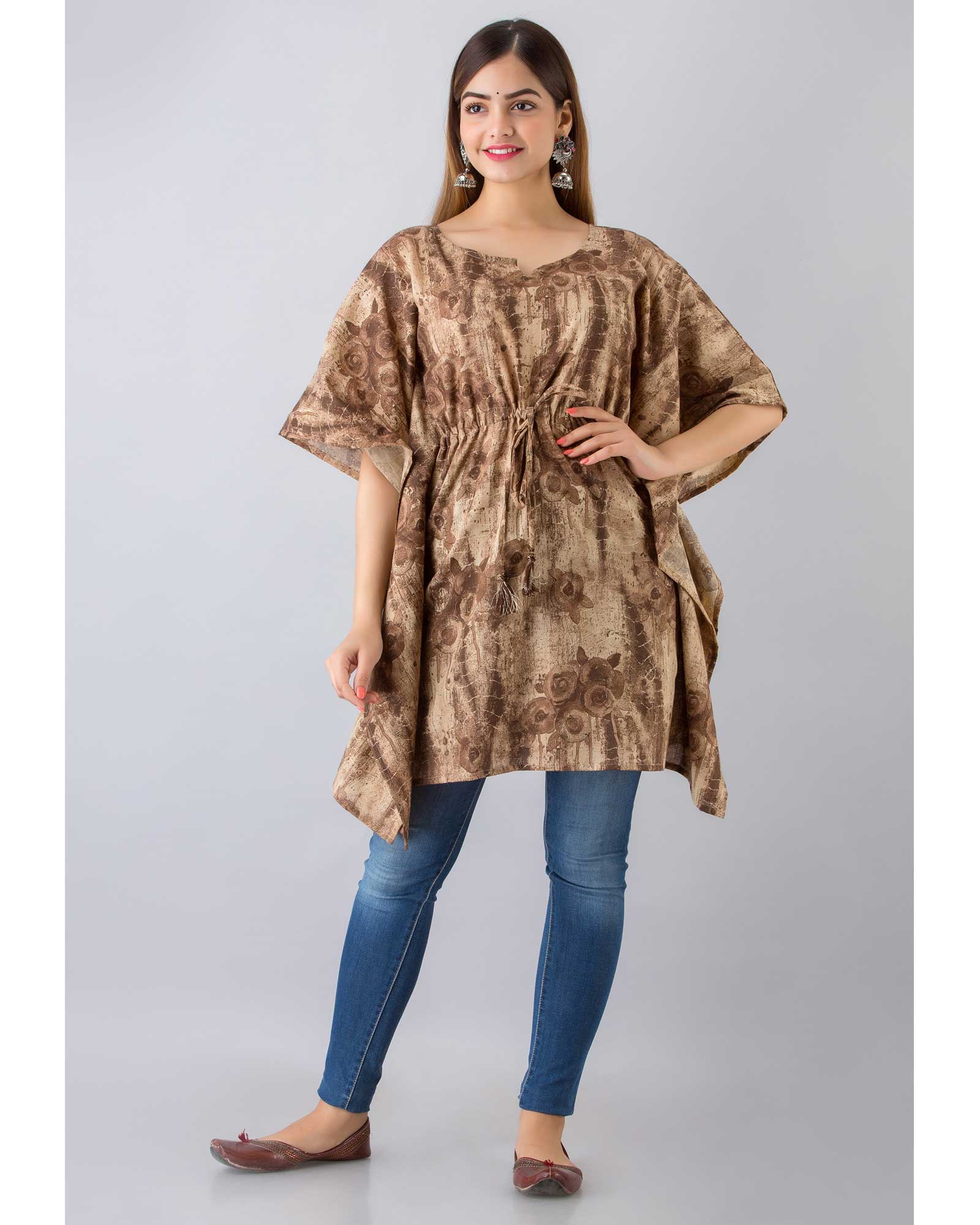Floral Print Brown Cotton Kaftan Top