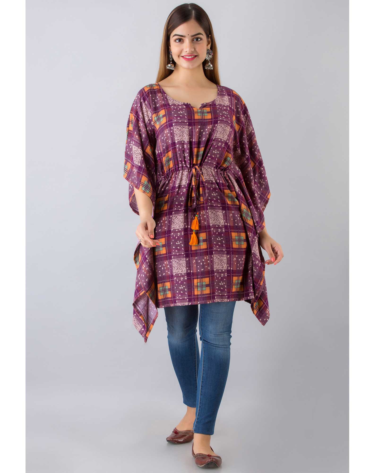 Printed Purple Cotton Kaftan Top