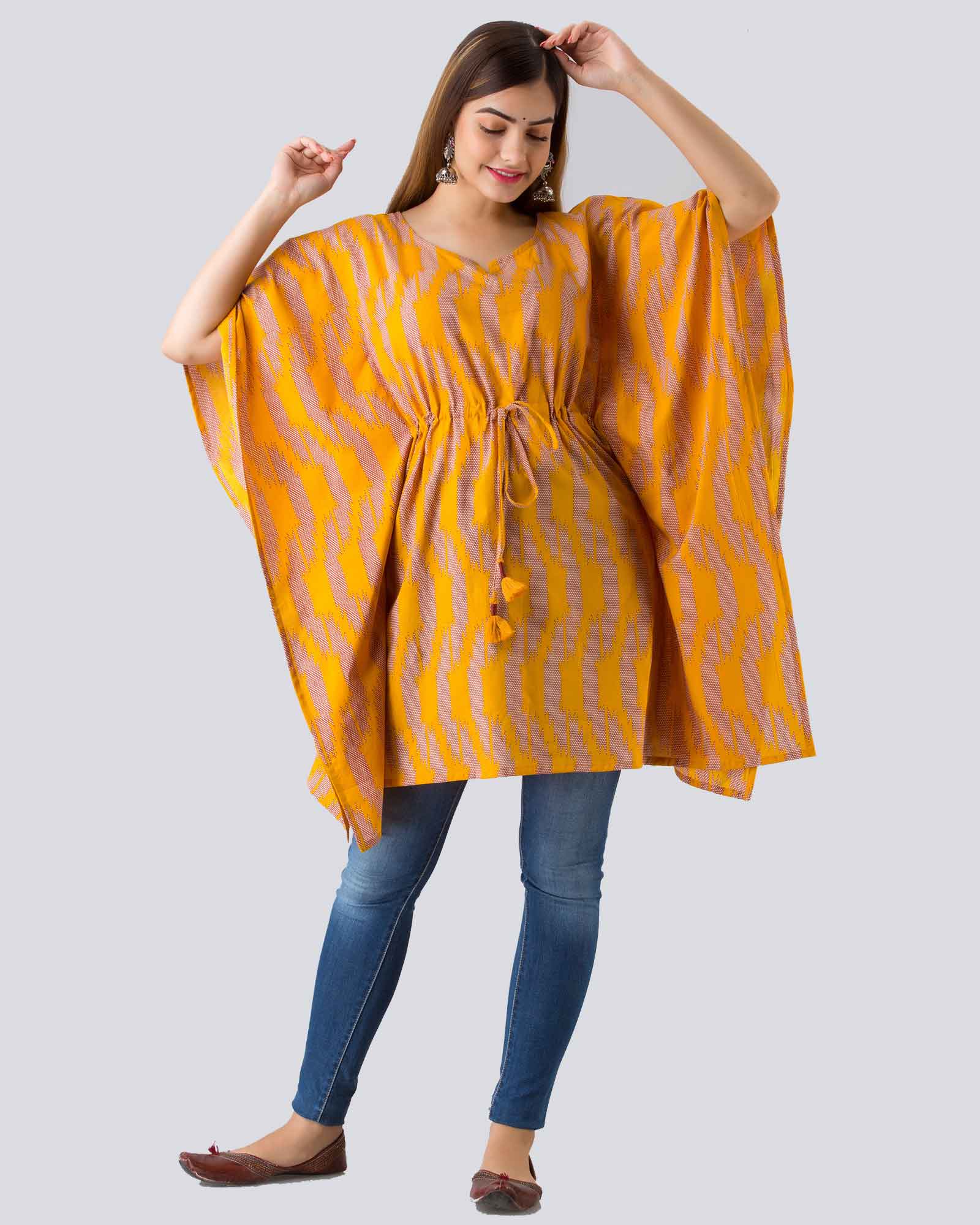 Musturd Color Printed Cotton Kaftan Top