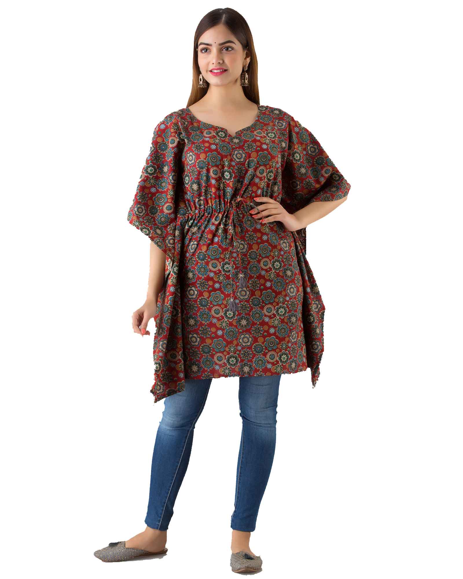 Maroon Printed Cotton Kaftan Top