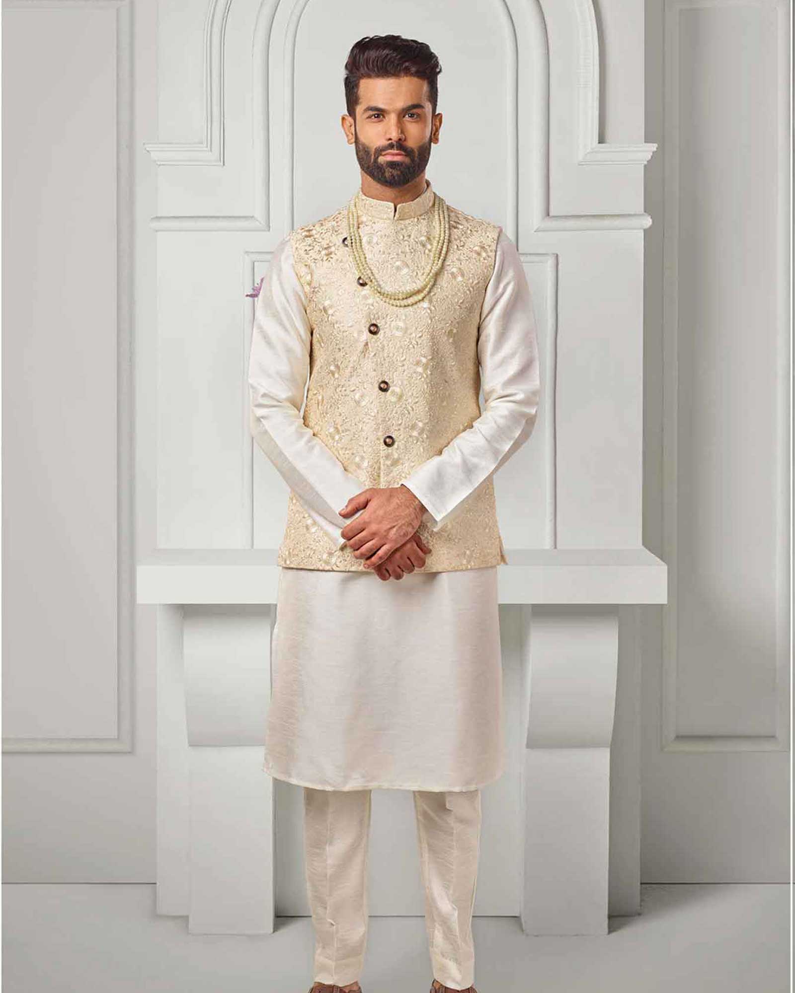 Cream Thread Work Jacket Kurta Set - JK0314/1