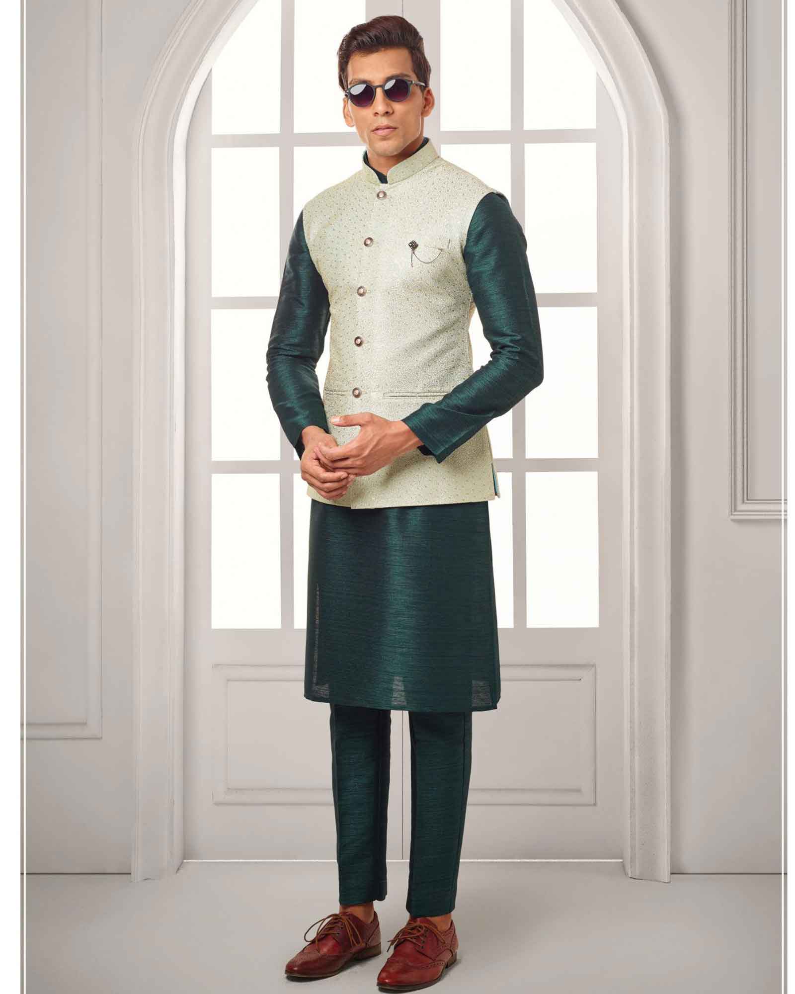 Cream Thread Work Jacket with Green Kurta Set - JK697