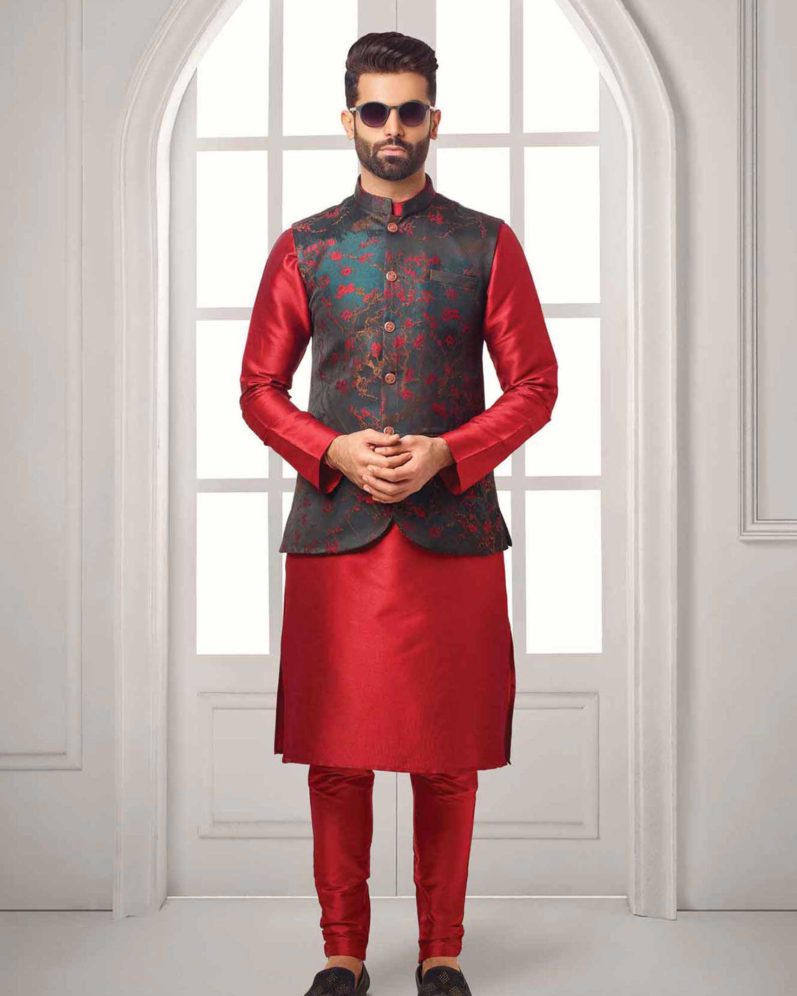 Blue Floral Print Jacket Kurta Set - JK4303