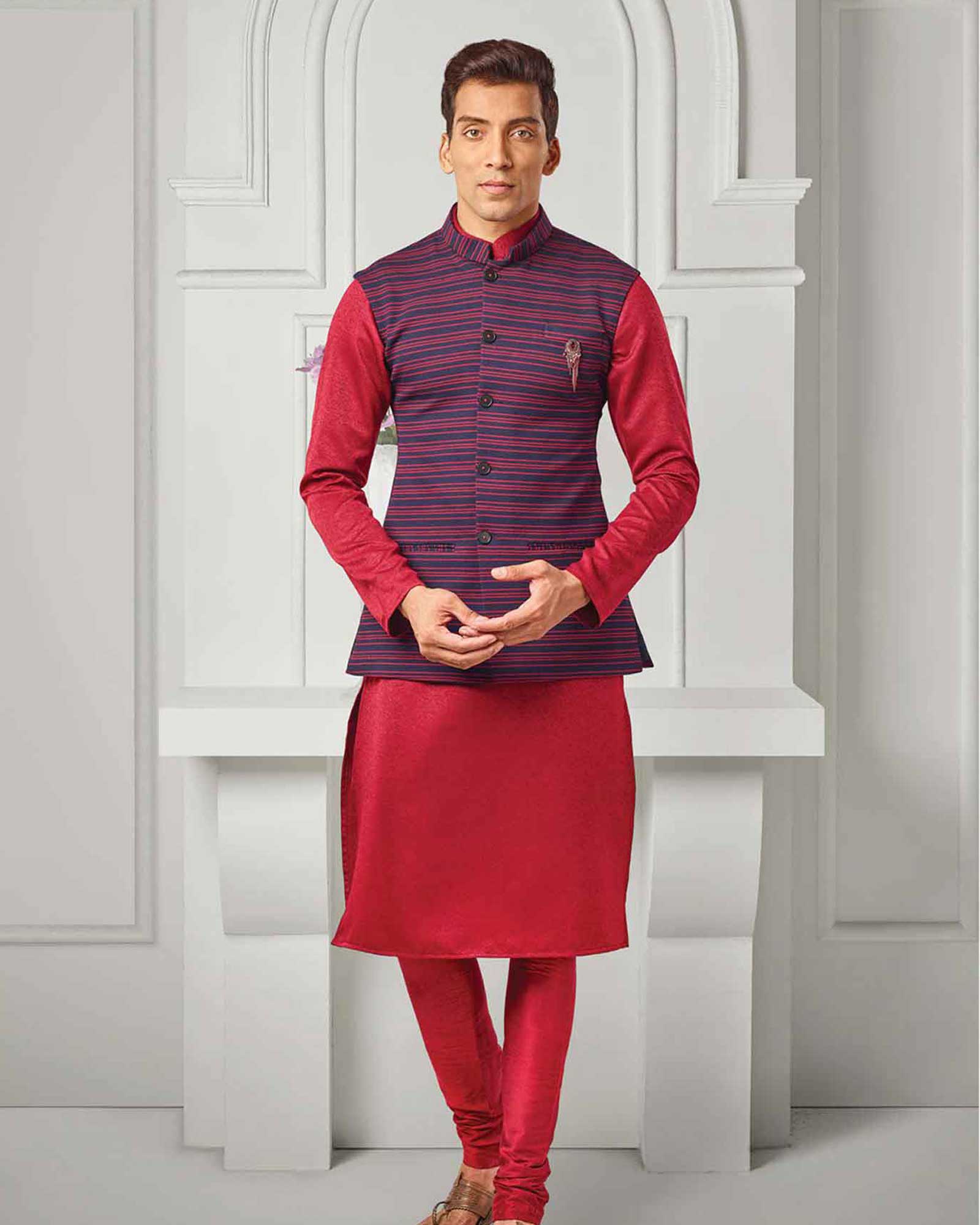 Red Strip Jacket Kurta Set - JK6112/1