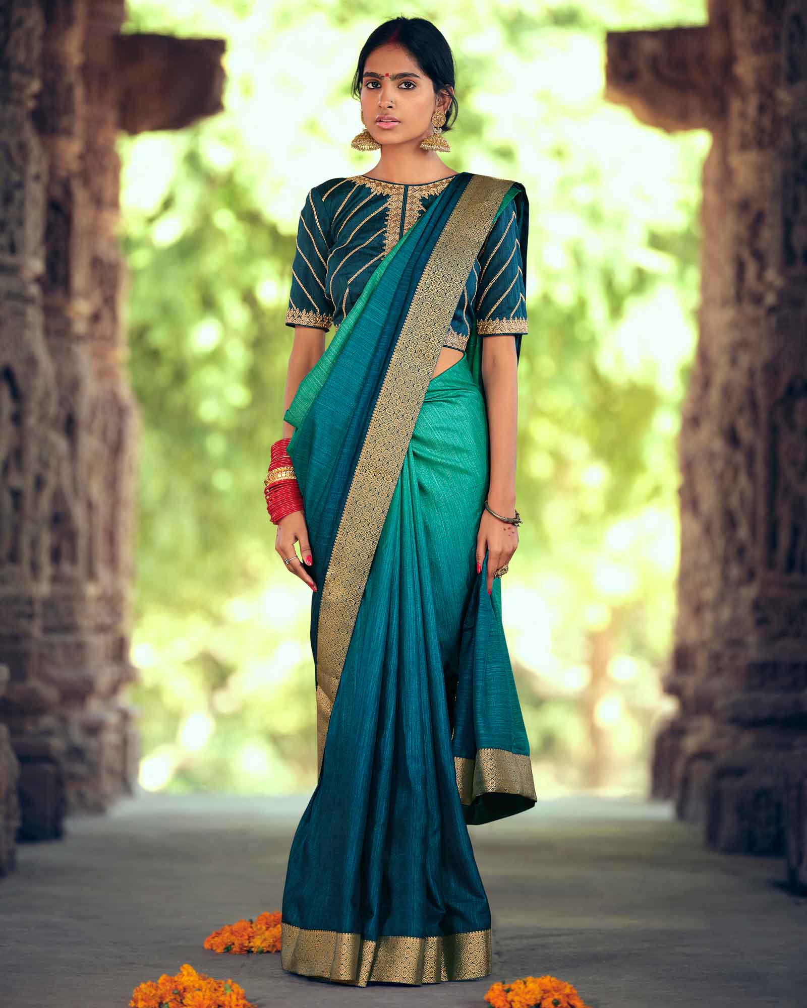 Cobalt Blue And Turquoise Vichitra Silk with Jacquard Border Saree