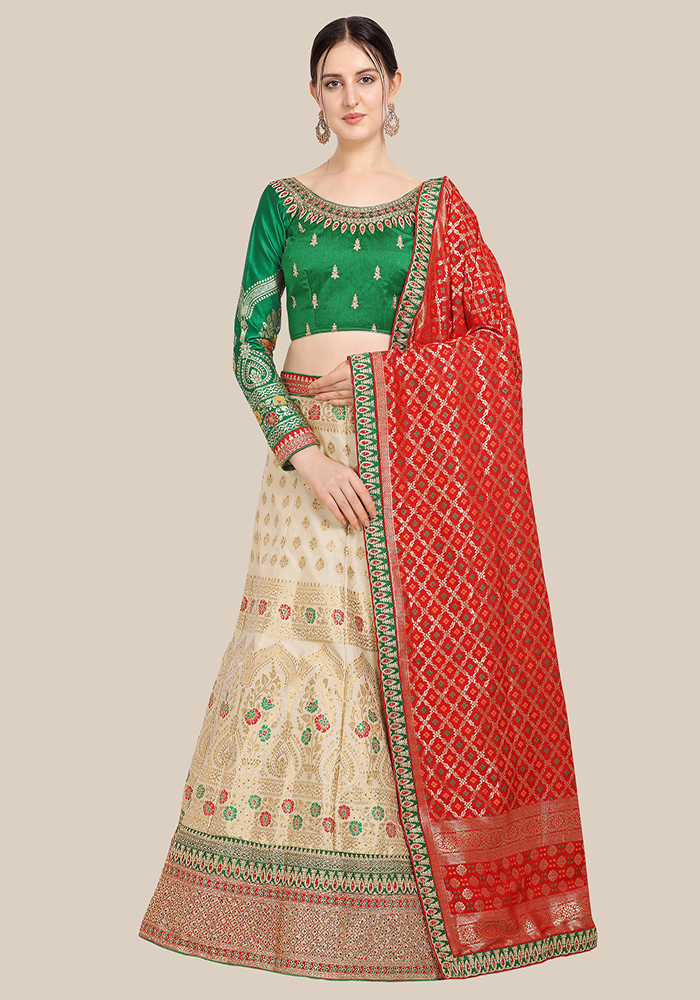 Beige Banarasi Semi Stitched Lehenga & Choli with Dupatta