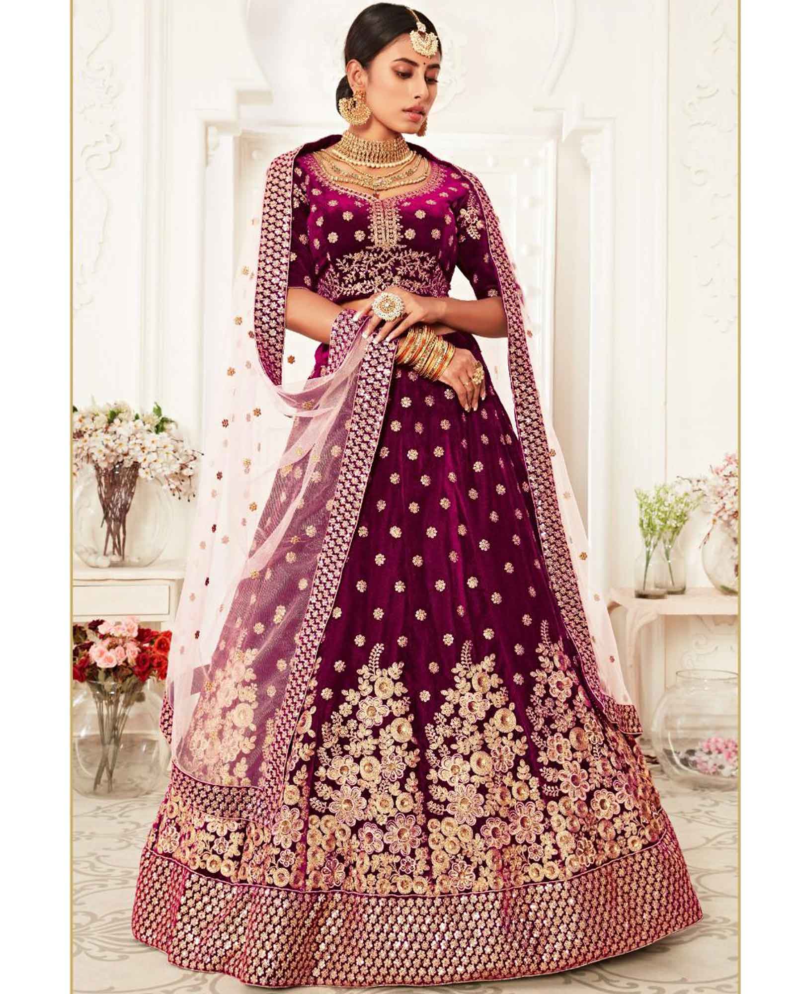 Purple Sequins Work Velvet Lehenga Choli