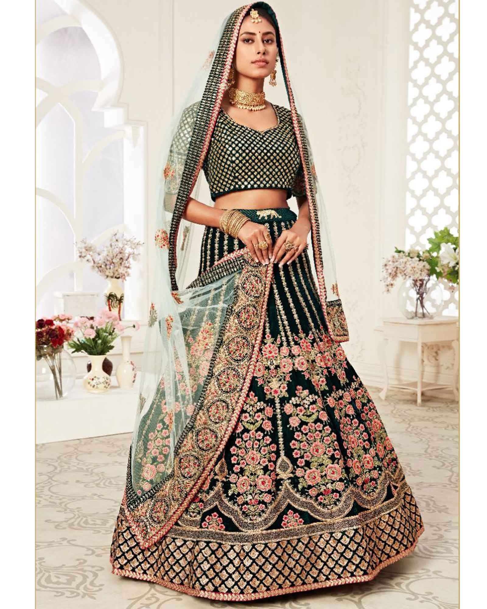 Green Velvet Sequins Work Bridal Lehenga Choli