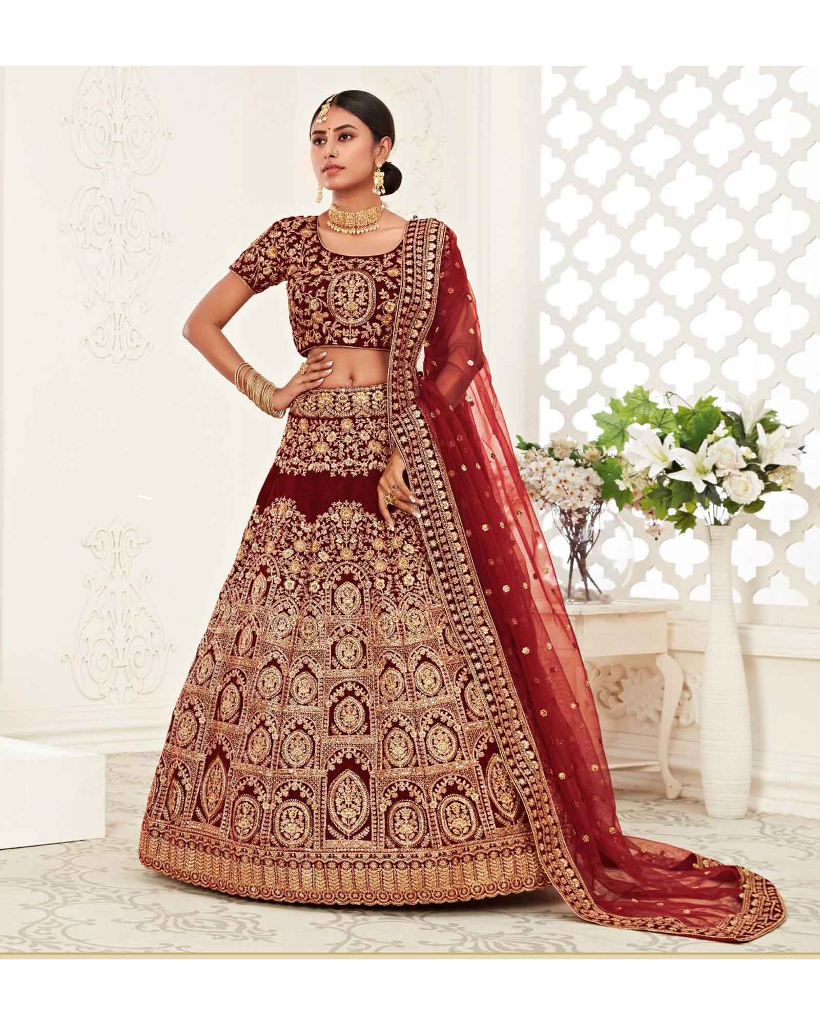 Maroon Designer Velvet Bridal Lehenga Choli