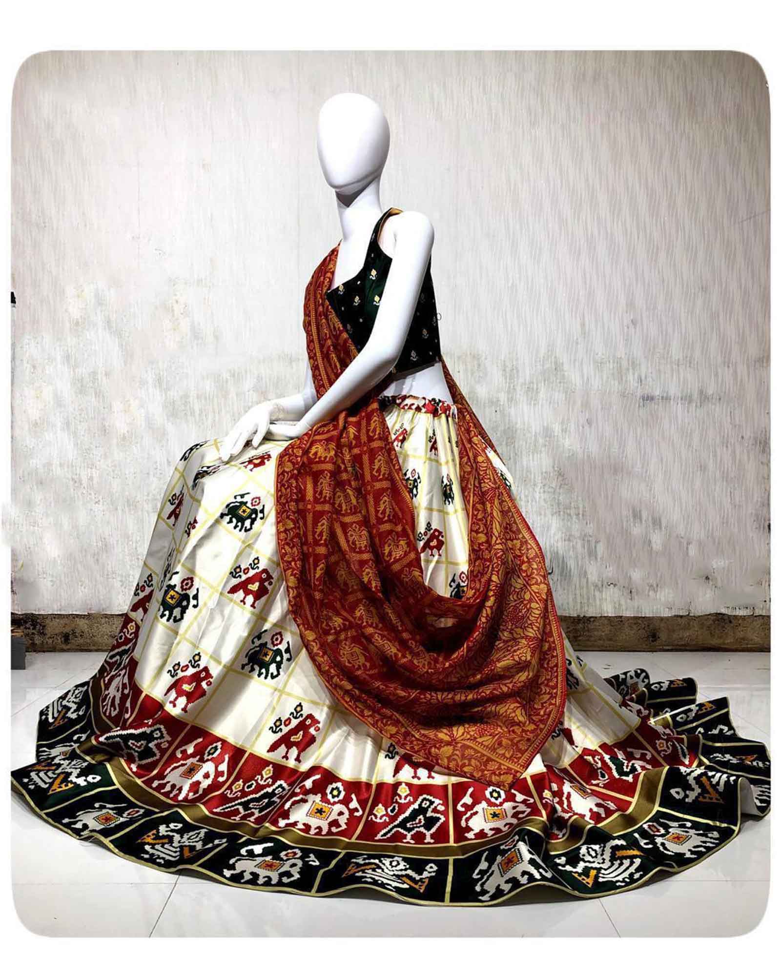 Green and White Patola Silk Lehenga Choli 