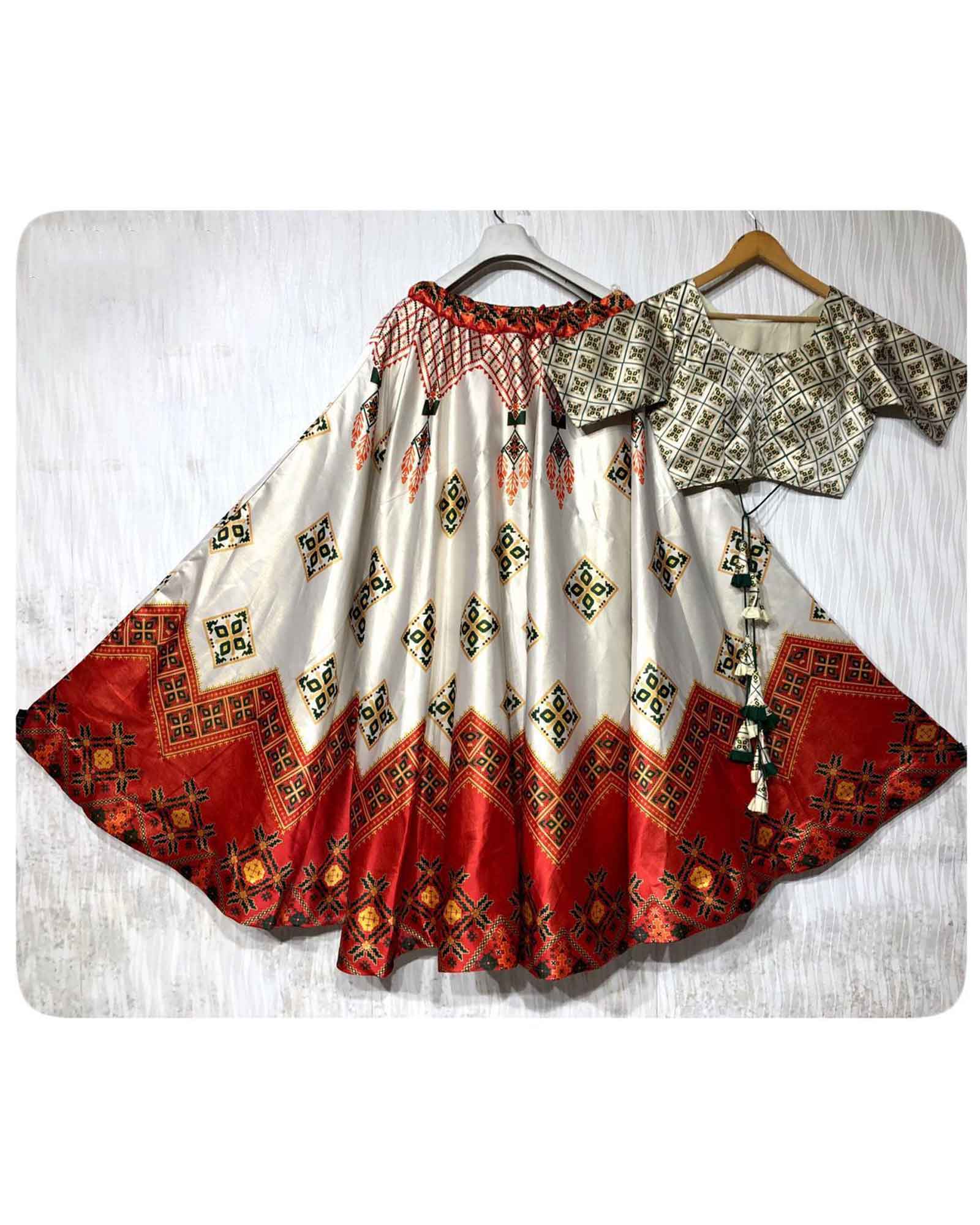 Red and White Patola Silk Lehenga Choli 