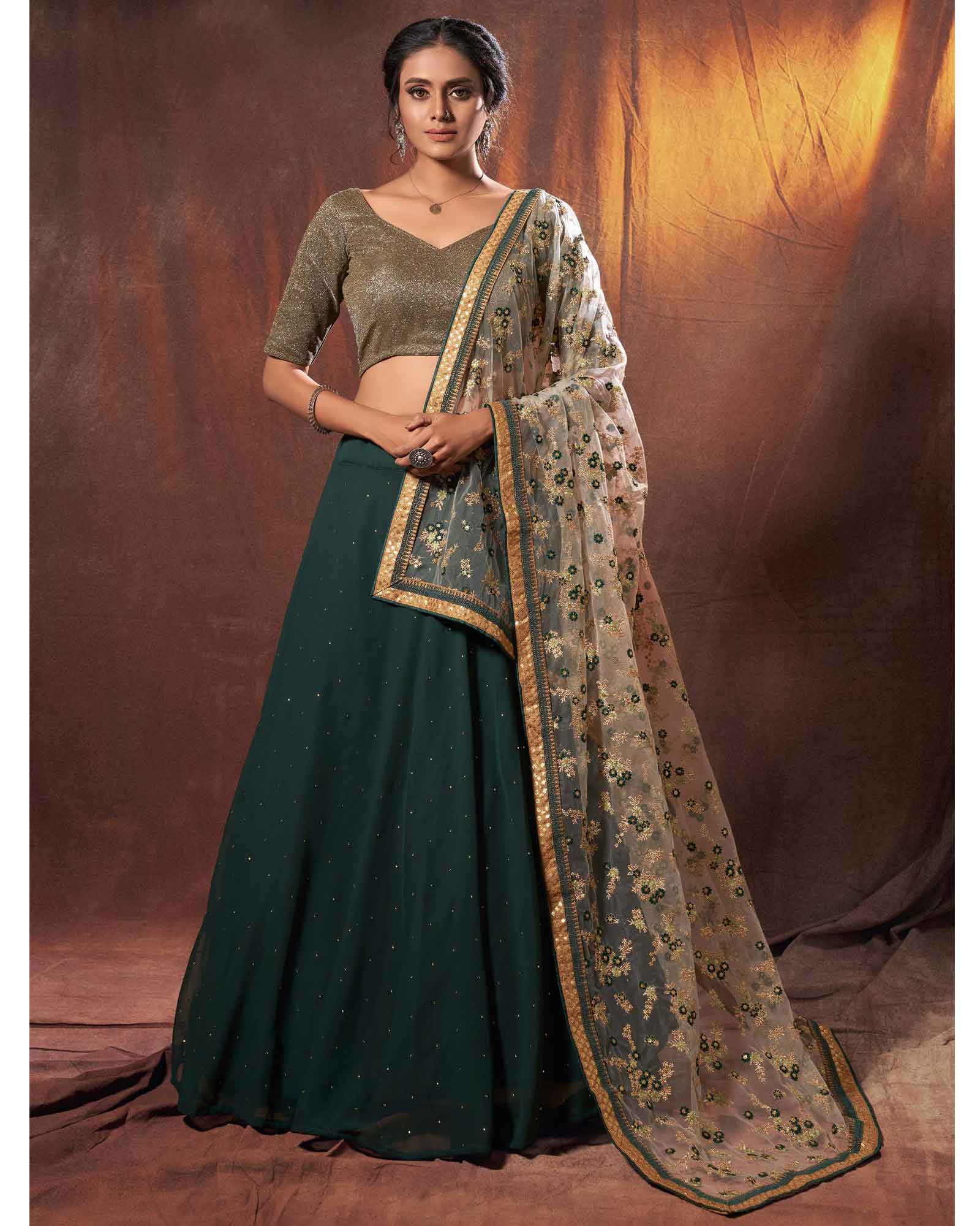 Dark Green Georgette Stone Worked Lehenga Choli