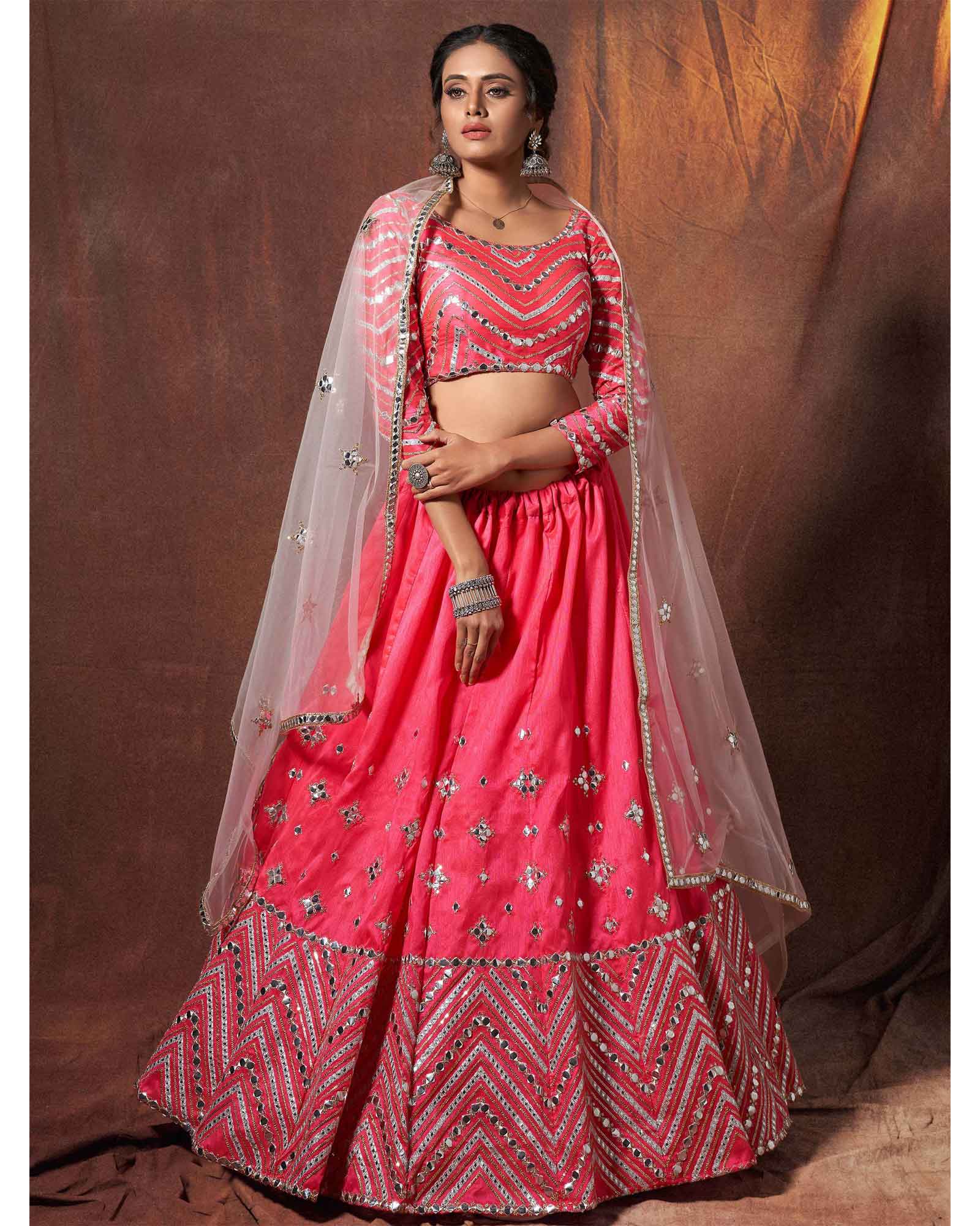 Coral Pink Art Silk Designer Lehenga Choli with Zigzag Applique Worked Border
