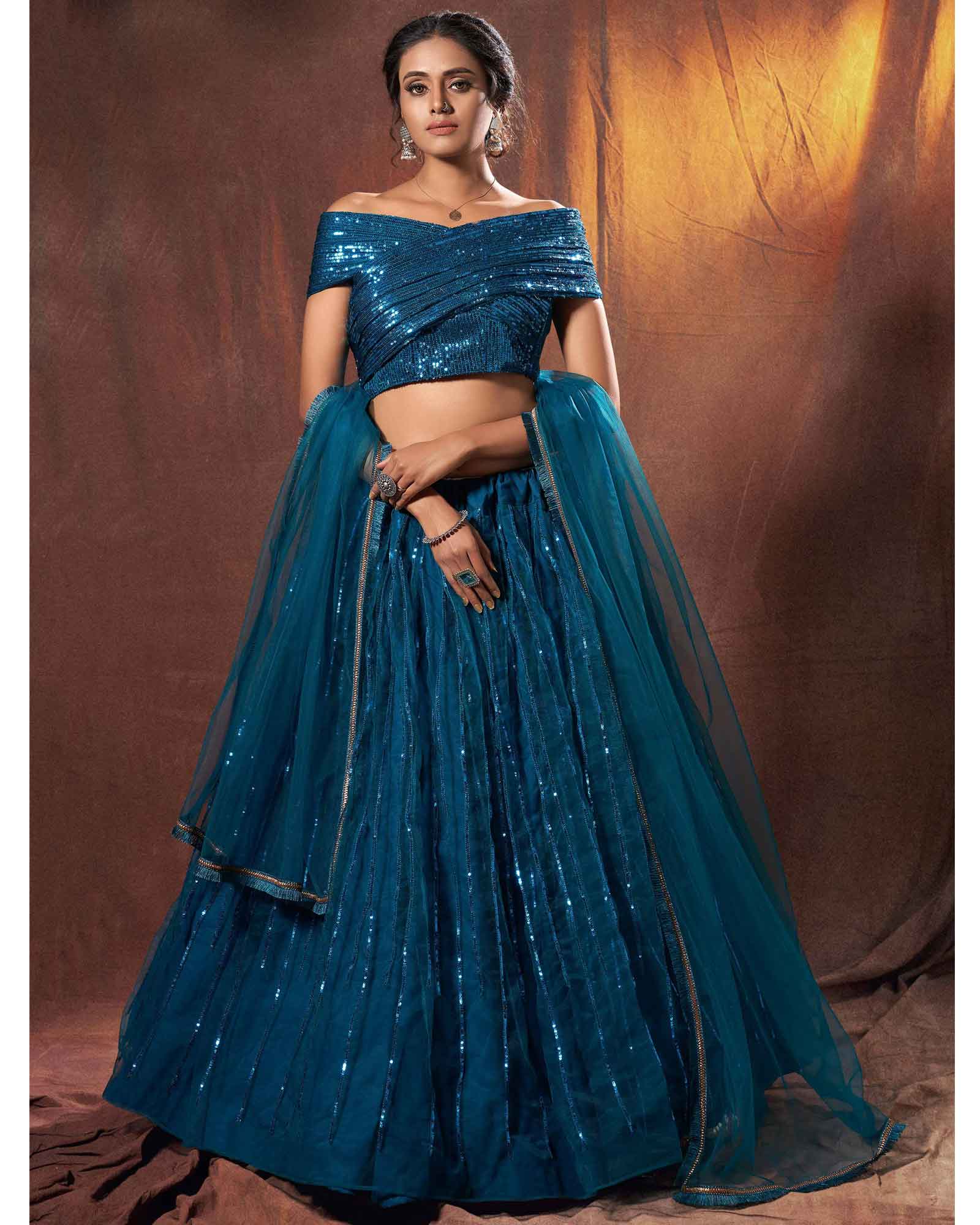 Teal Blue Net Deigner Sequins Worked Lehenga Choli