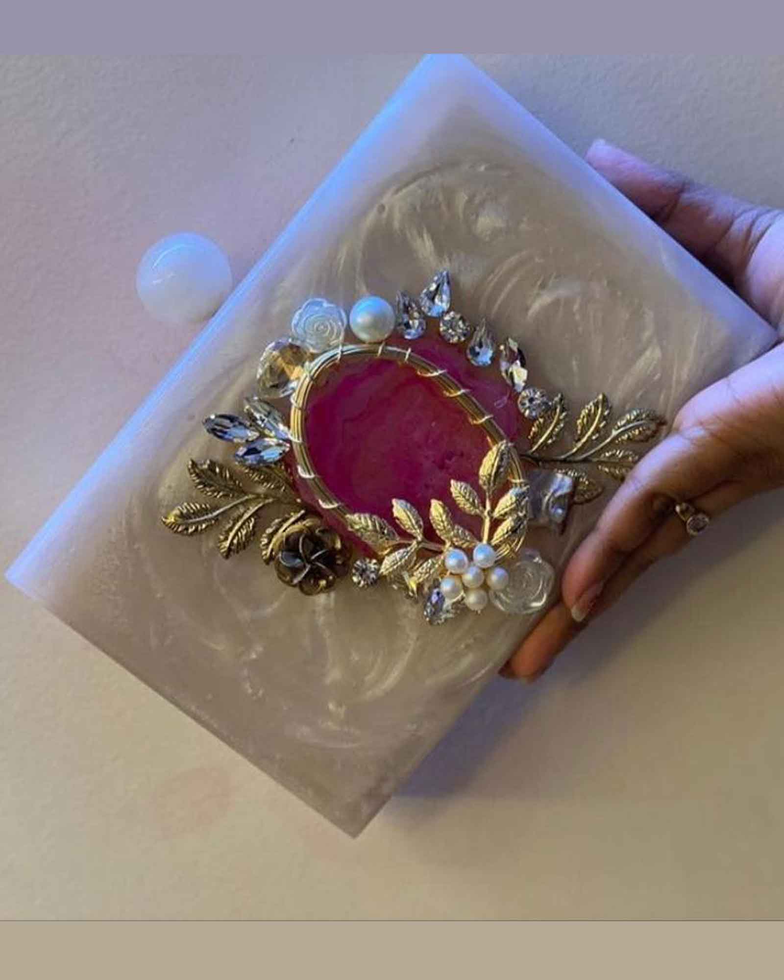 Rectangular White Pearl Designer Party Wear Clutch