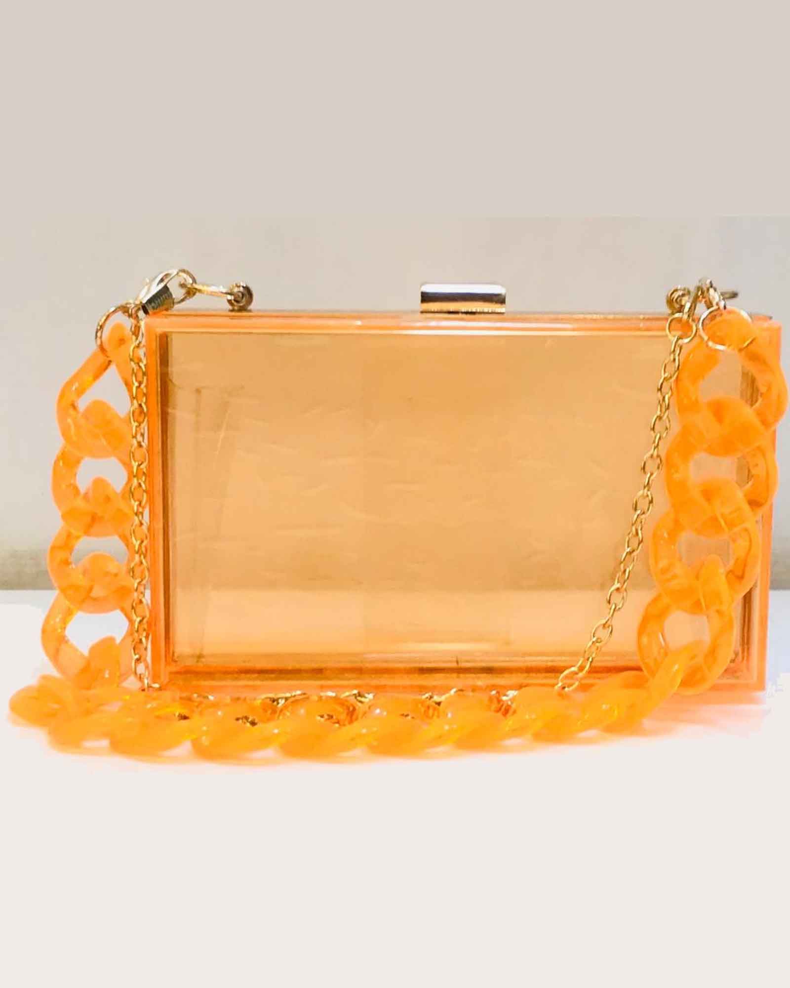 Orange Transparent Acraylic Imported Girlish Box Sling Clutch 