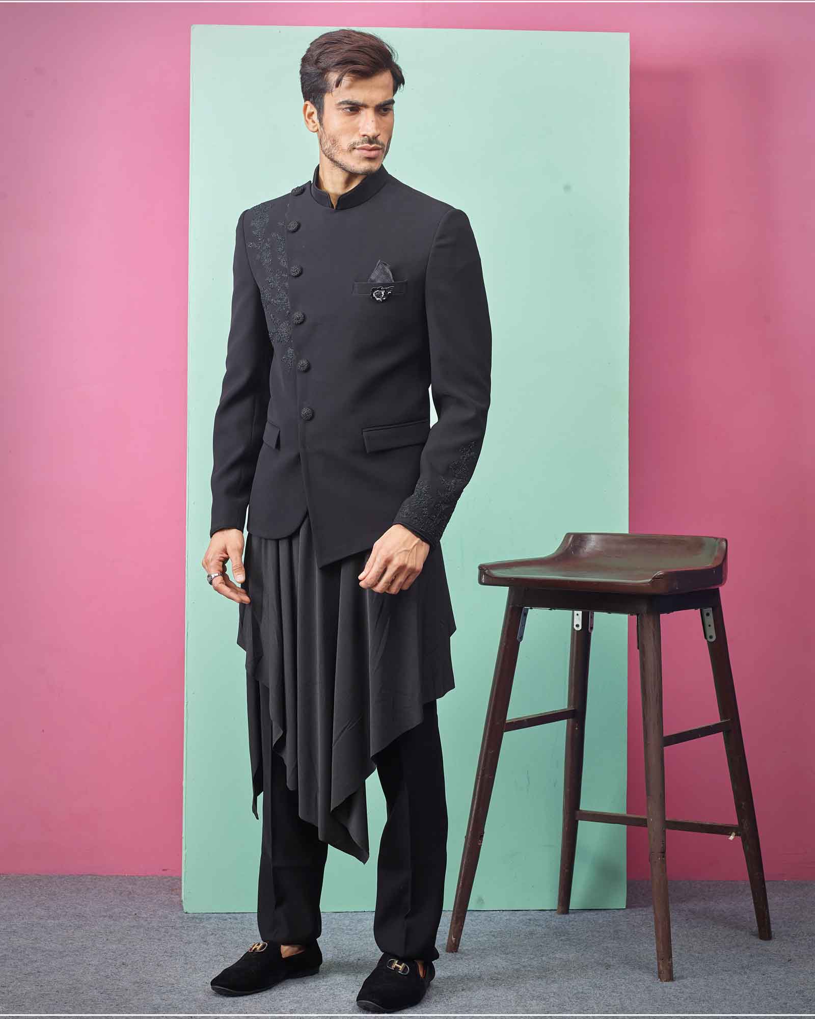Classic Black Hand Embroidery Jodhpuri with Designer Cawl Kurta set - RCJ5397