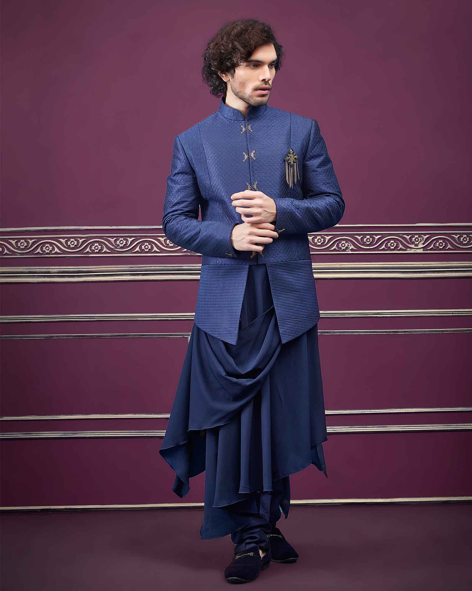 Blue Designer Weaving Thread Jodhpuri with matching Cawl Kurta - RCJ5418
