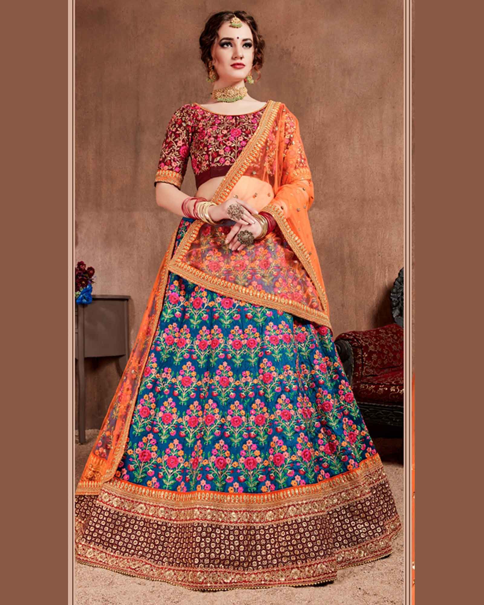 Blue-Red Colored Embroidered Mulberry Silk Lehenga Choli