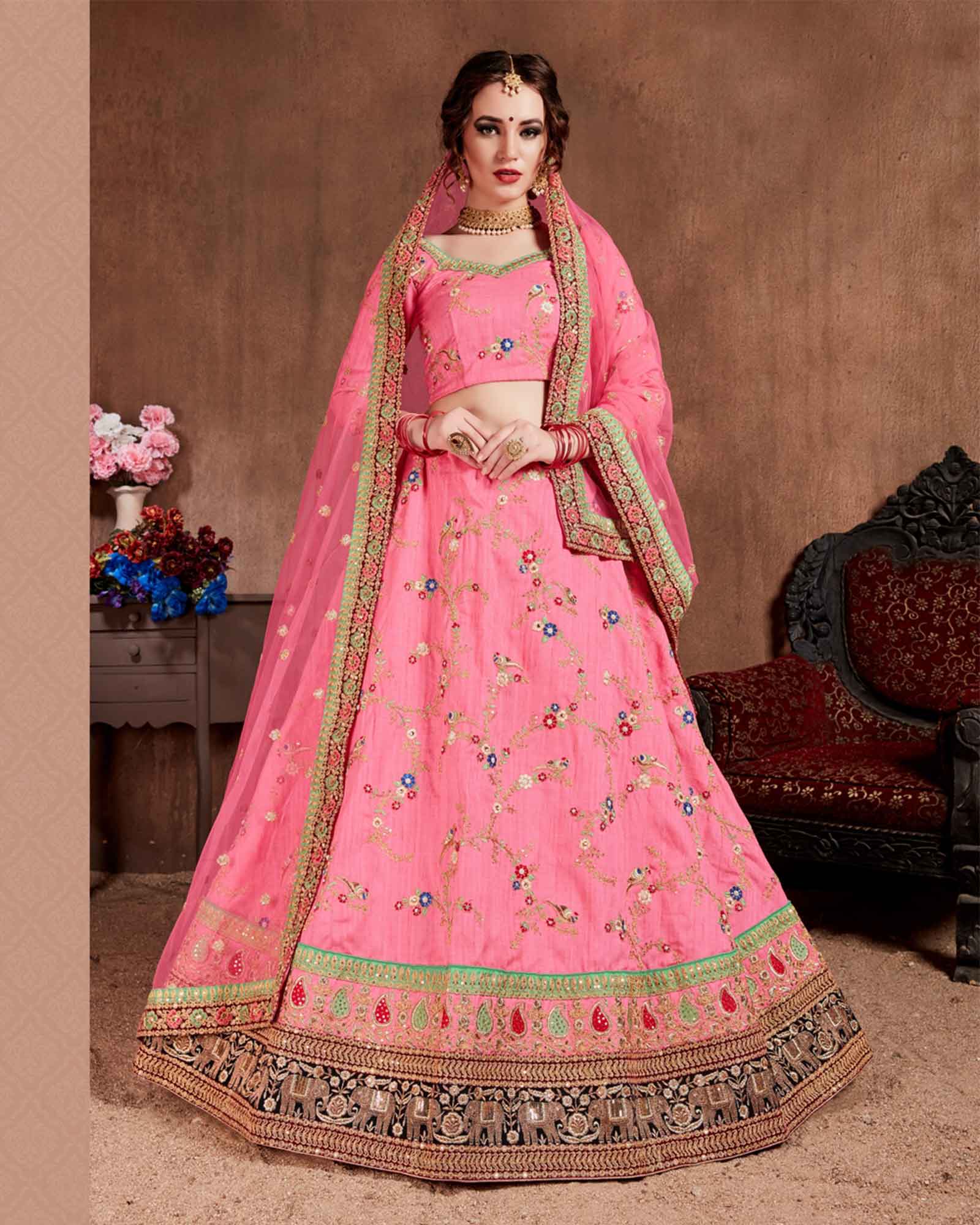 Pink Colored Embroidered Art Silk Lehenga Choli