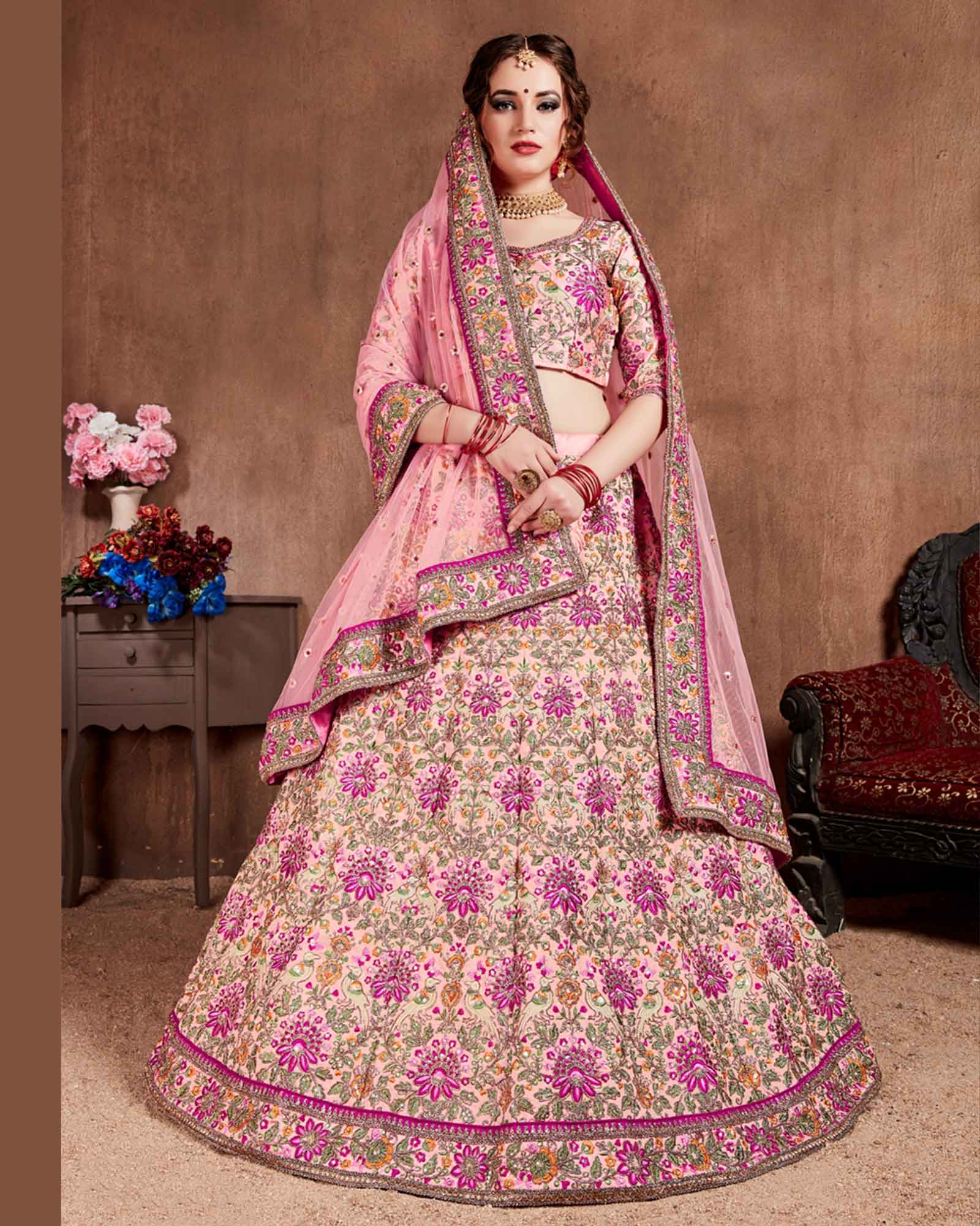 Pastel Pink Colored Wedding Wear Embroidered Silk Lehenga Choli